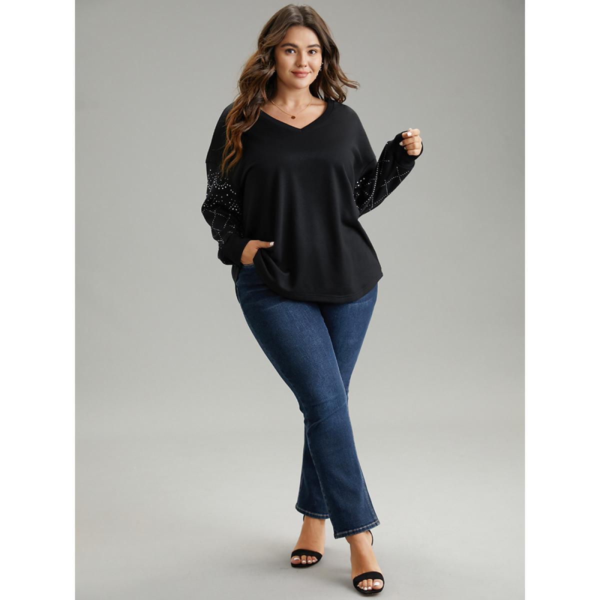 Plus Size Rhinestone Plain Drop Shoulder Sweatshirt Women Black Elegant Rib Knit V-neck Dailywear Sweatshirts BloomChic 14-16/1X Product Image