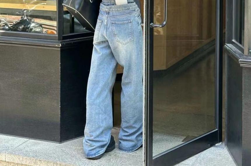 High Rise Drawstring Washed Loose Fit Jeans Product Image