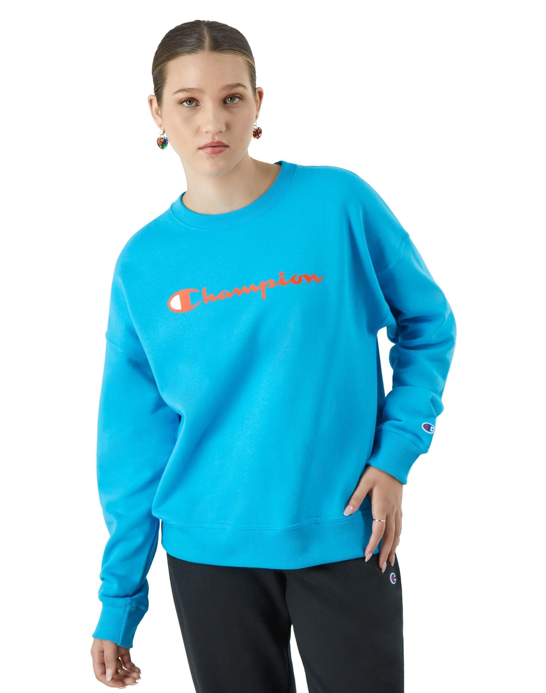Womens Champion Powerblend Crewneck Sweatshirt, Script Logo Deep Dazzling Blue XS Product Image