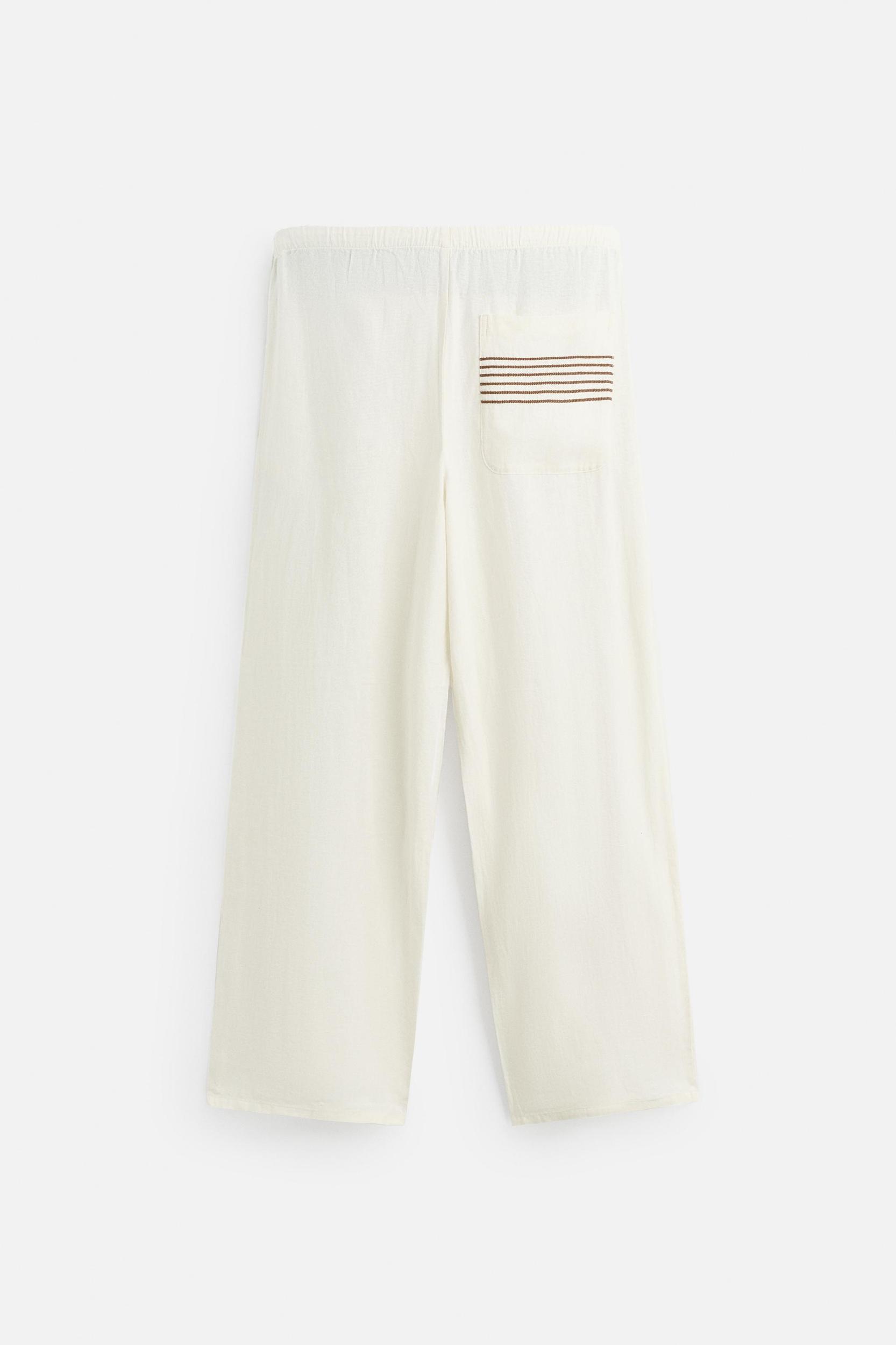 100% LINEN EMBROIDERED PANTS Product Image