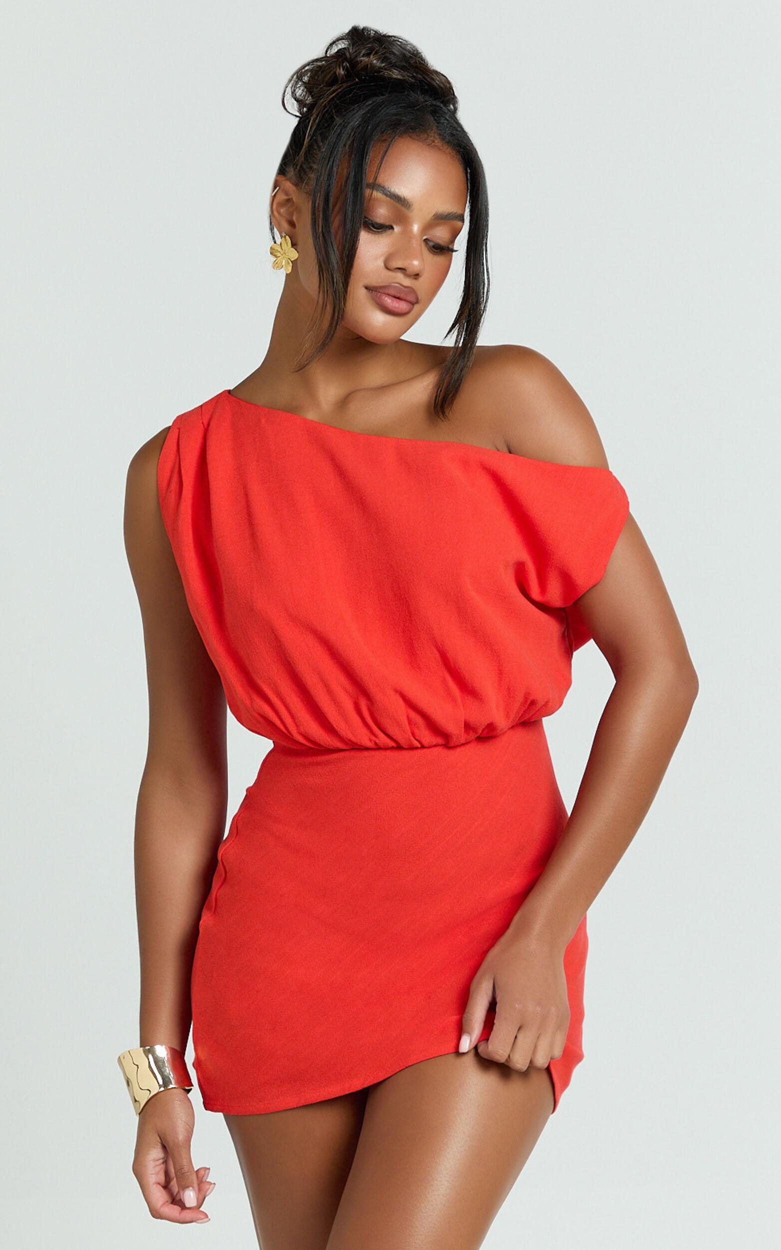 Nellie Mini Linen Dress - Linen One Shoulder Mini Dress in Orange Product Image