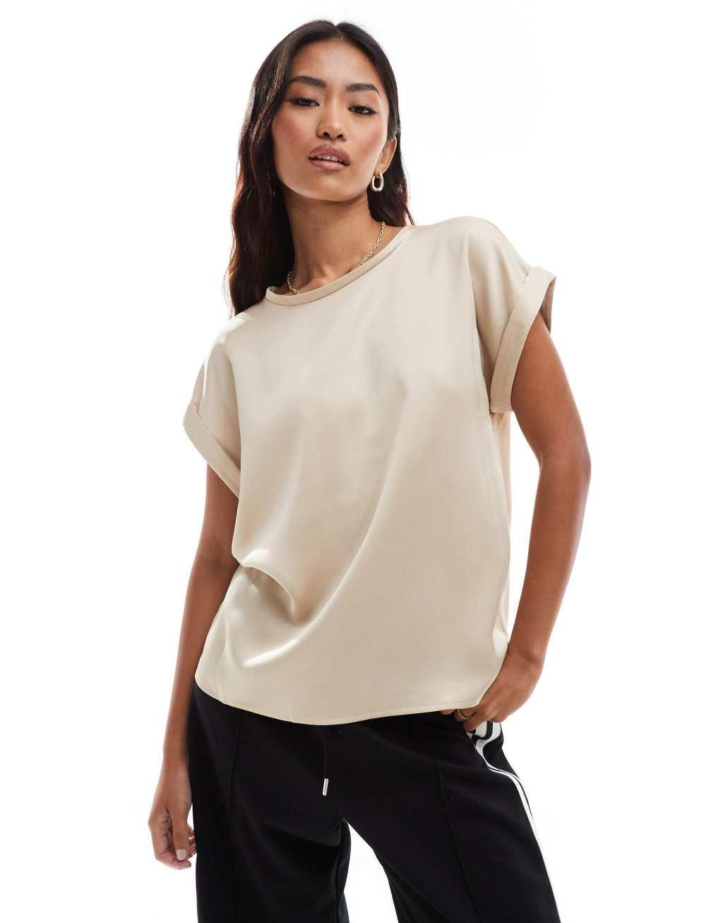 Vila satin front t-shirt with cuffed sleeves in sand Product Image