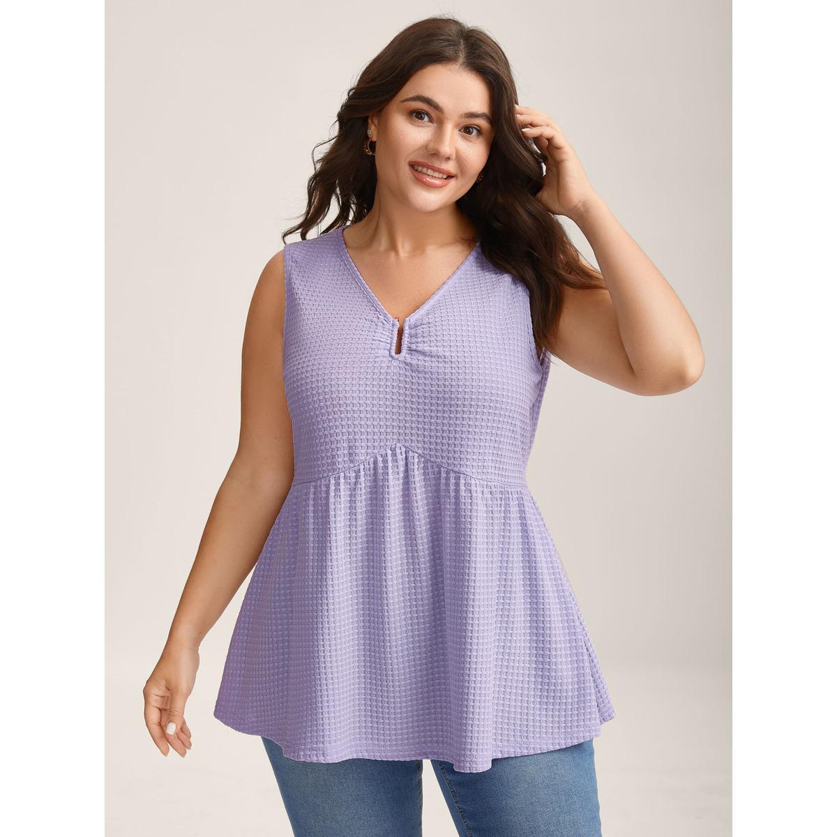 Plus Size Textured Metallic Detail Split Neck Tank Top Women Lilac Texture V-neck Everyday-Elegant Tank Tops Camis BloomChic 12/L Product Image