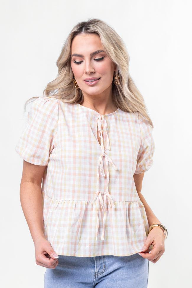 Tell Your Story Multi Gingham Short Sleeve Tie Front Peplum Blouse SALE Product Image