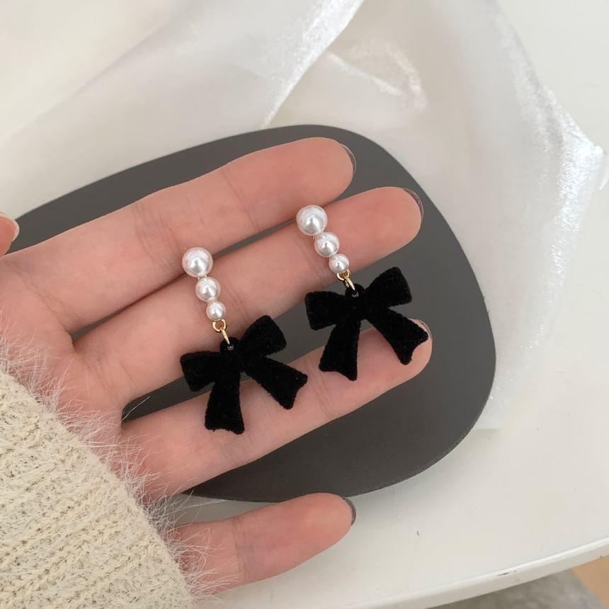 Flocking Bow Faux Pearl Dangle Earring Product Image