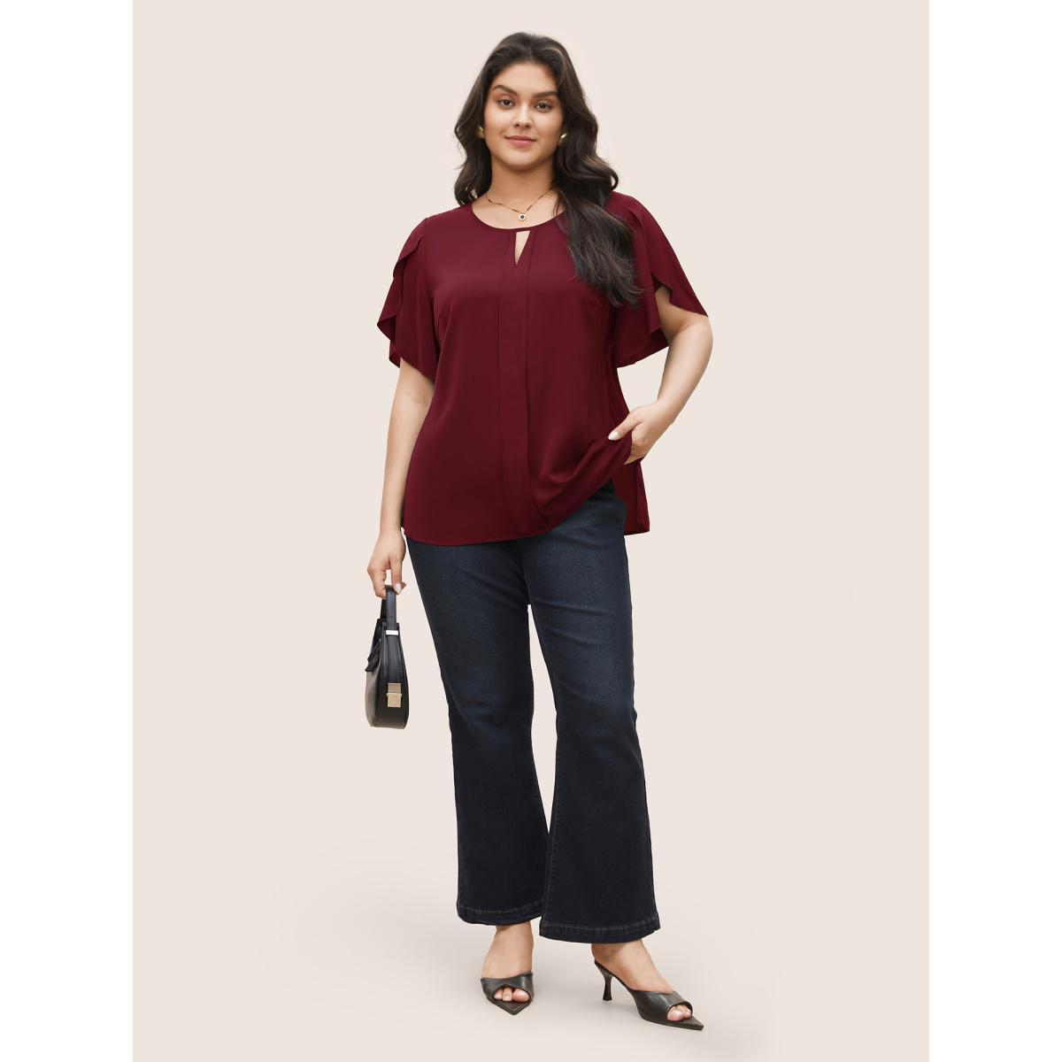 Plus Size Scarlet Solid Keyhole Petal Sleeve Pleated Blouse Women Work From Home Short sleeve Notched collar Work Blouses BloomChic 12/L Product Image