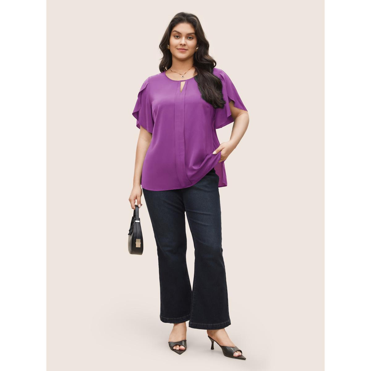 Plus Size Purple Solid Keyhole Petal Sleeve Pleated Blouse Women Work From Home Short sleeve Notched collar Work Blouses BloomChic 26/4X Product Image