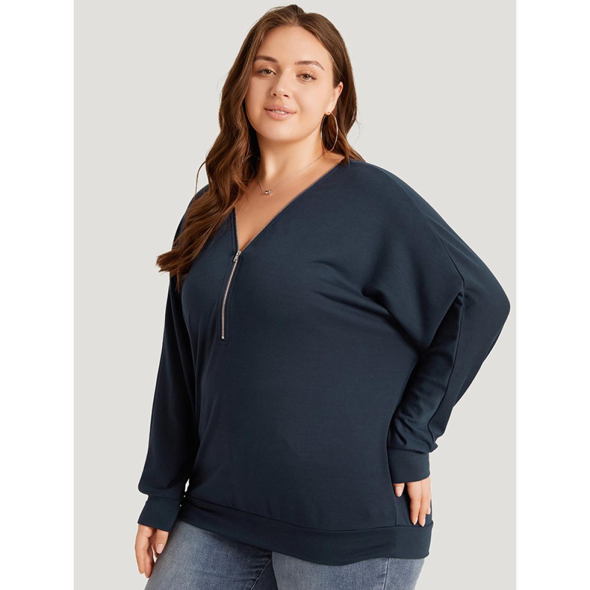 Plus Size Plain Zipper Half Elastic Cuffs Batwing Sleeve Sweatshirt Women Indigo Casual Elastic cuffs V-neck Dailywear Sweatshirts BloomChic 30/6X Product Image