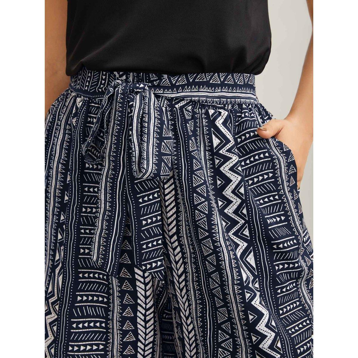 Plus Size Waist-Tie Wide-Leg Boho Print Pants Women Indigo Casual Wide Leg Mid Rise Everyday-Casual Pants BloomChic 14-16/1X Product Image