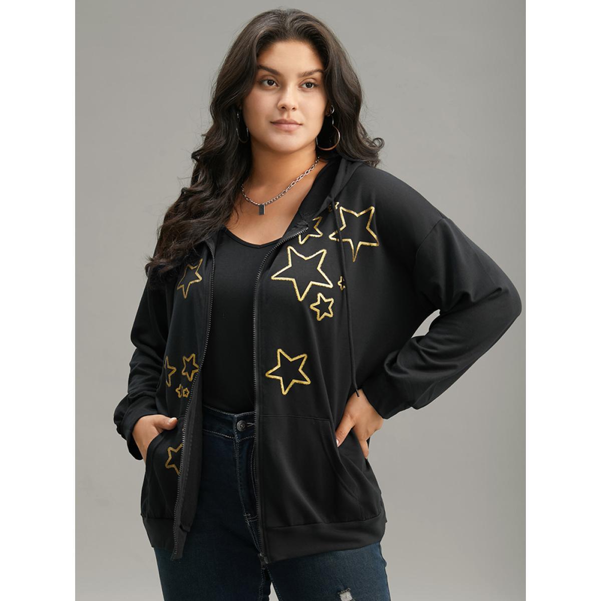Plus Size Star Zipper Pocket Hooded Sweatshirt Women Black Casual Printed Hooded Dailywear Sweatshirts BloomChic 30/6X Product Image