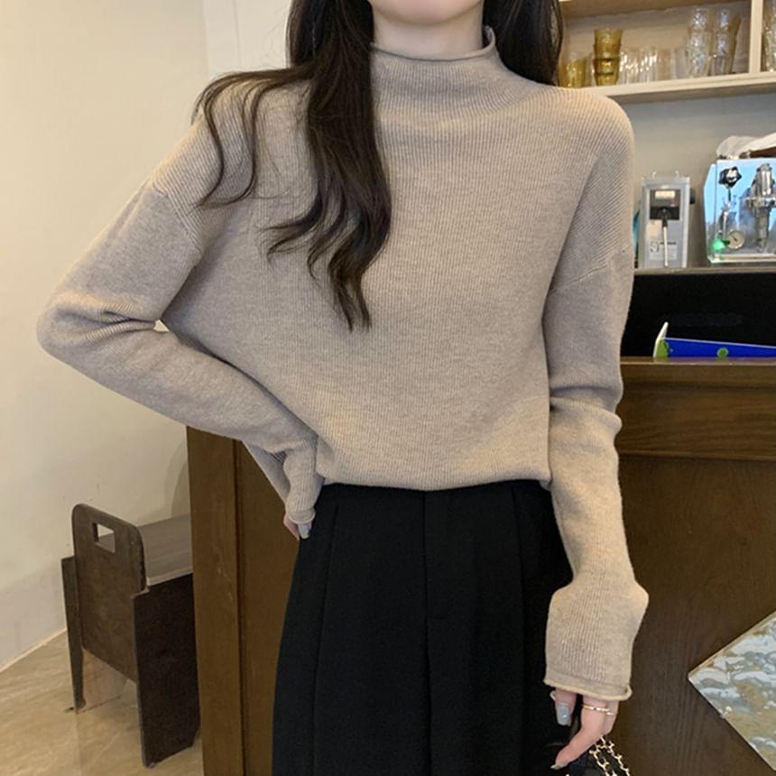 Long-Sleeve Mock Neck Ribbed Knit Top Product Image