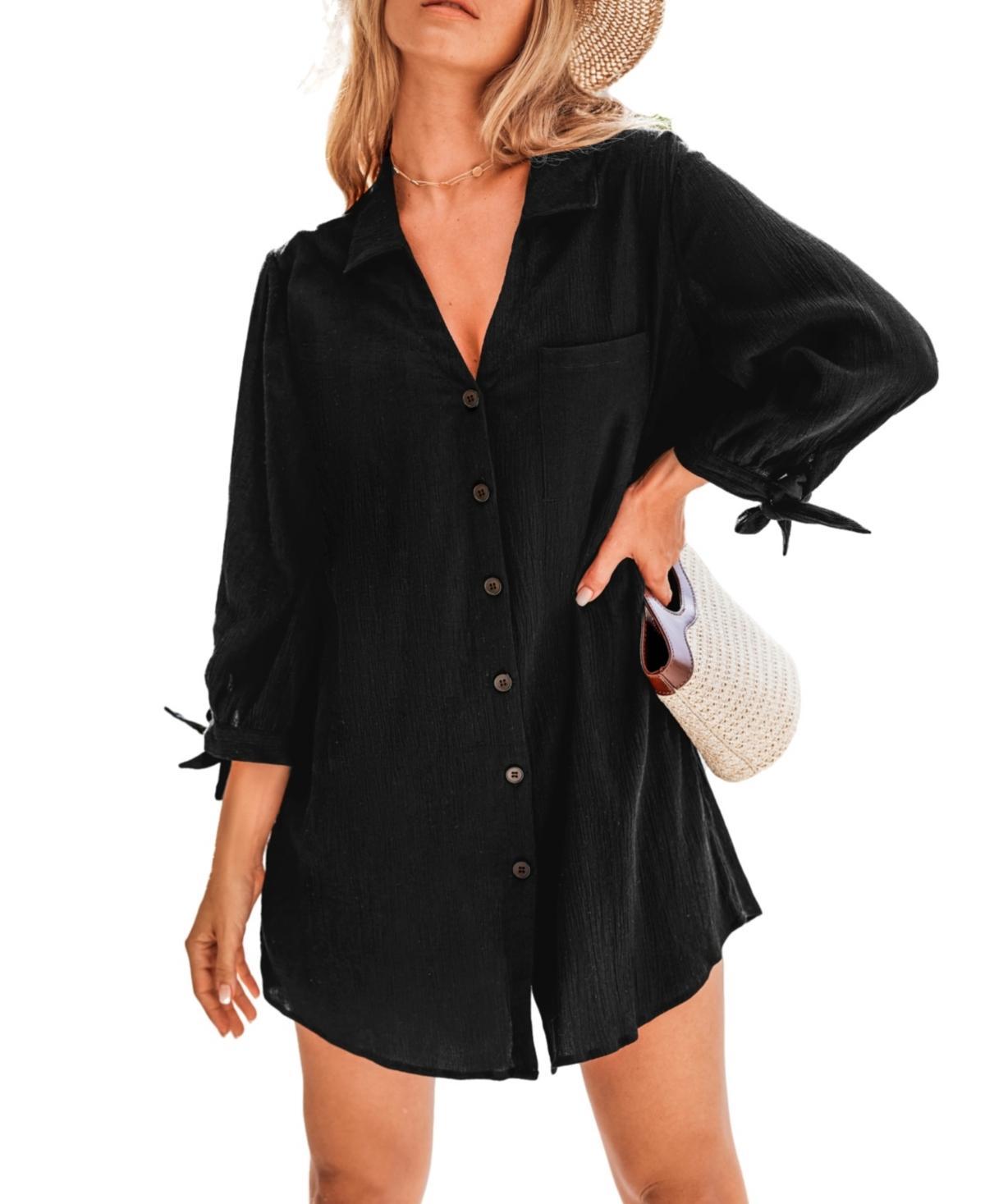 Womens Cupshe Seersucker Tie Cuff Cover-Up Swim Dress Product Image