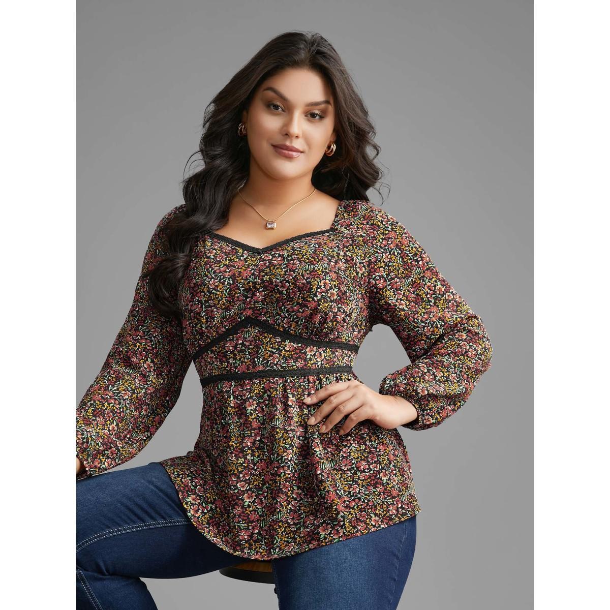 Plus Size Black Ditsy Floral Woven Ribbon Gathered Blouse Women Elegant Long Sleeve Heart neckline Everyday Blouses BloomChic 30/6X Product Image