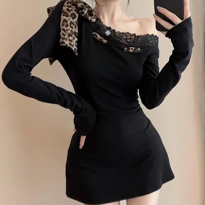 Long Sleeve One Shoulder Leopard Print Bow Panel Lace Mini A-Line Dress Product Image