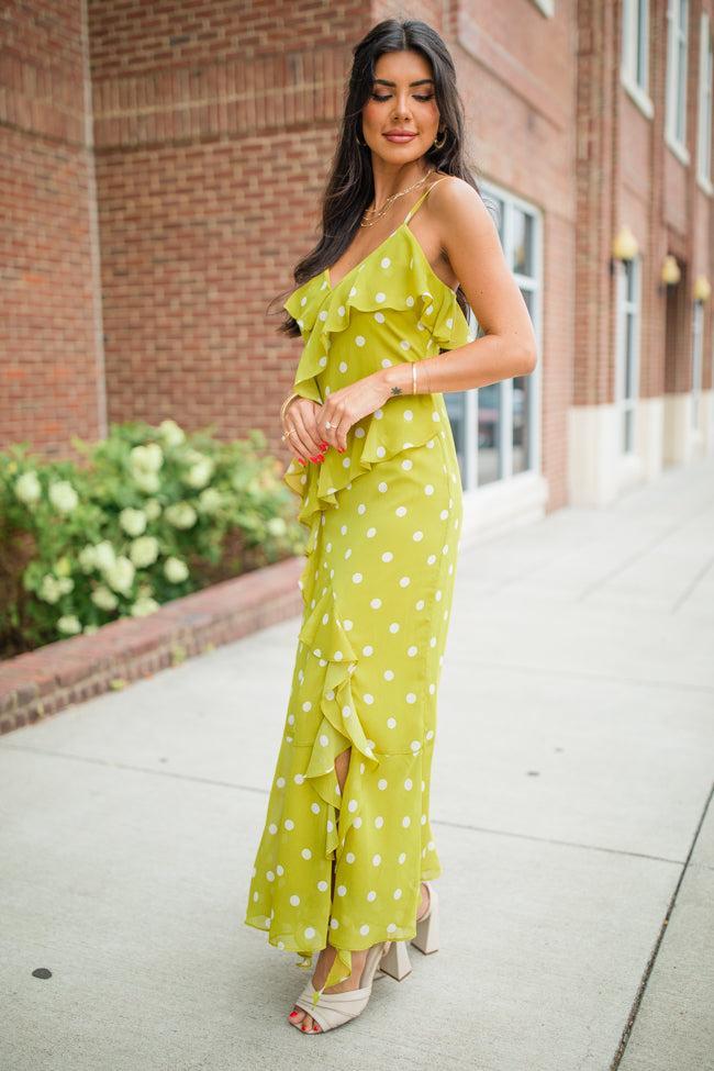 On The Spot Kiwi Ruffle Detail Polka Dot Midi Dress FINAL SALE Product Image