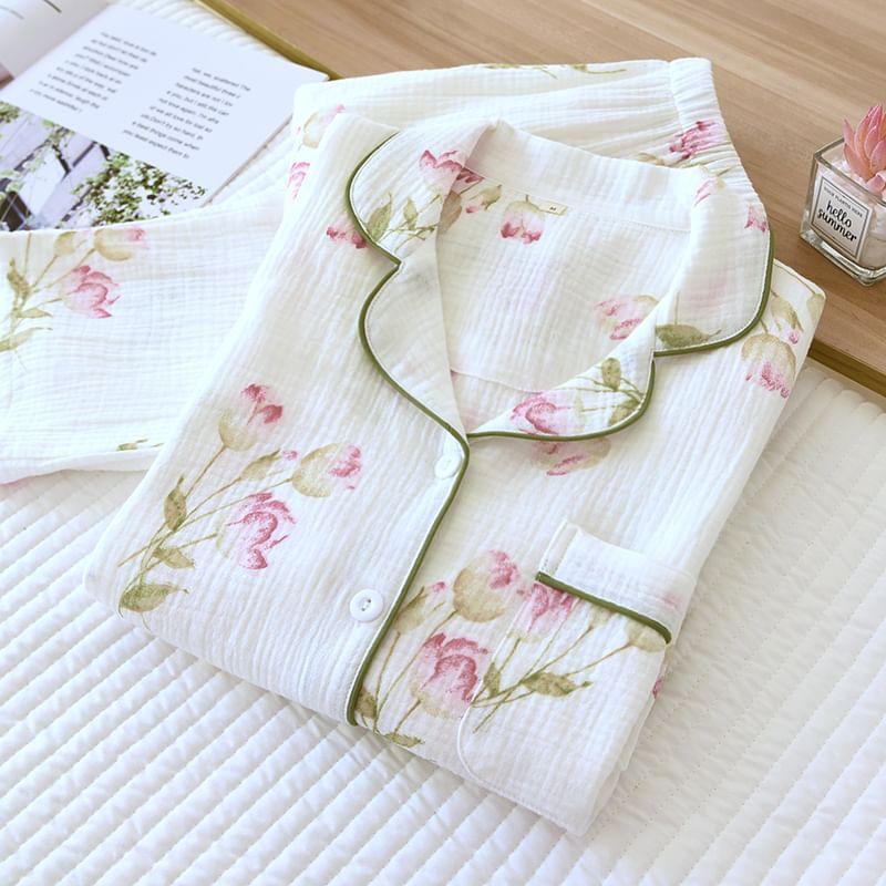 Pajama Set: Floral Shirt + Pants Product Image