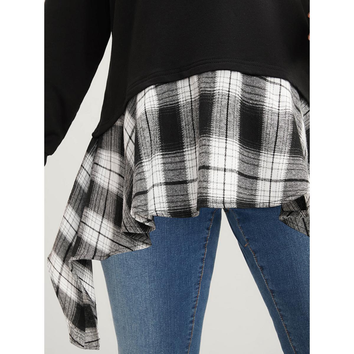 Plus Size Tartan Patchwork Round Neck Asymmetrical Hem Sweatshirt Women Black Elegant Patchwork Round Neck Dailywear Sweatshirts BloomChic 26/4X Product Image