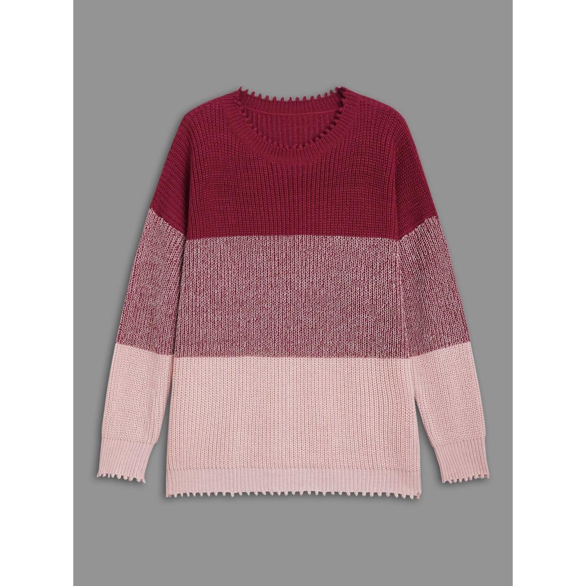 Plus Size Color Block Texture Round Neck Pullover Rosered Women Casual Loose Long Sleeve Round Neck Everyday Pullovers BloomChic 28/5X Product Image