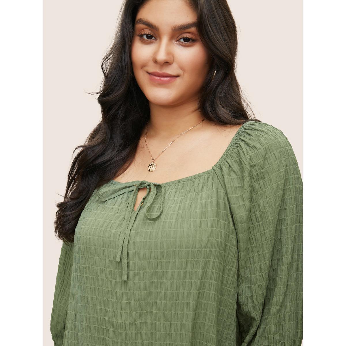 Plus Size Mint Plain Textured Gathered Ties Knot Neck Blouse Women Casual Half Sleeve Square Neck Everyday Blouses BloomChic 18-20/2X Product Image