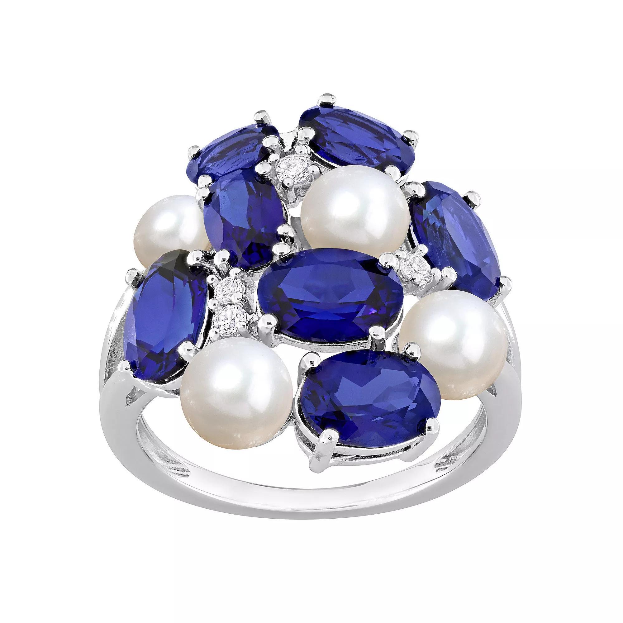 Stella Grace Sterling Silver Freshwater Cultured Pearl, Lab-Created Blue Sapphire & Lab-Created White Sapphire Cocktail Ring, Women's, Size: 6.50 Product Image