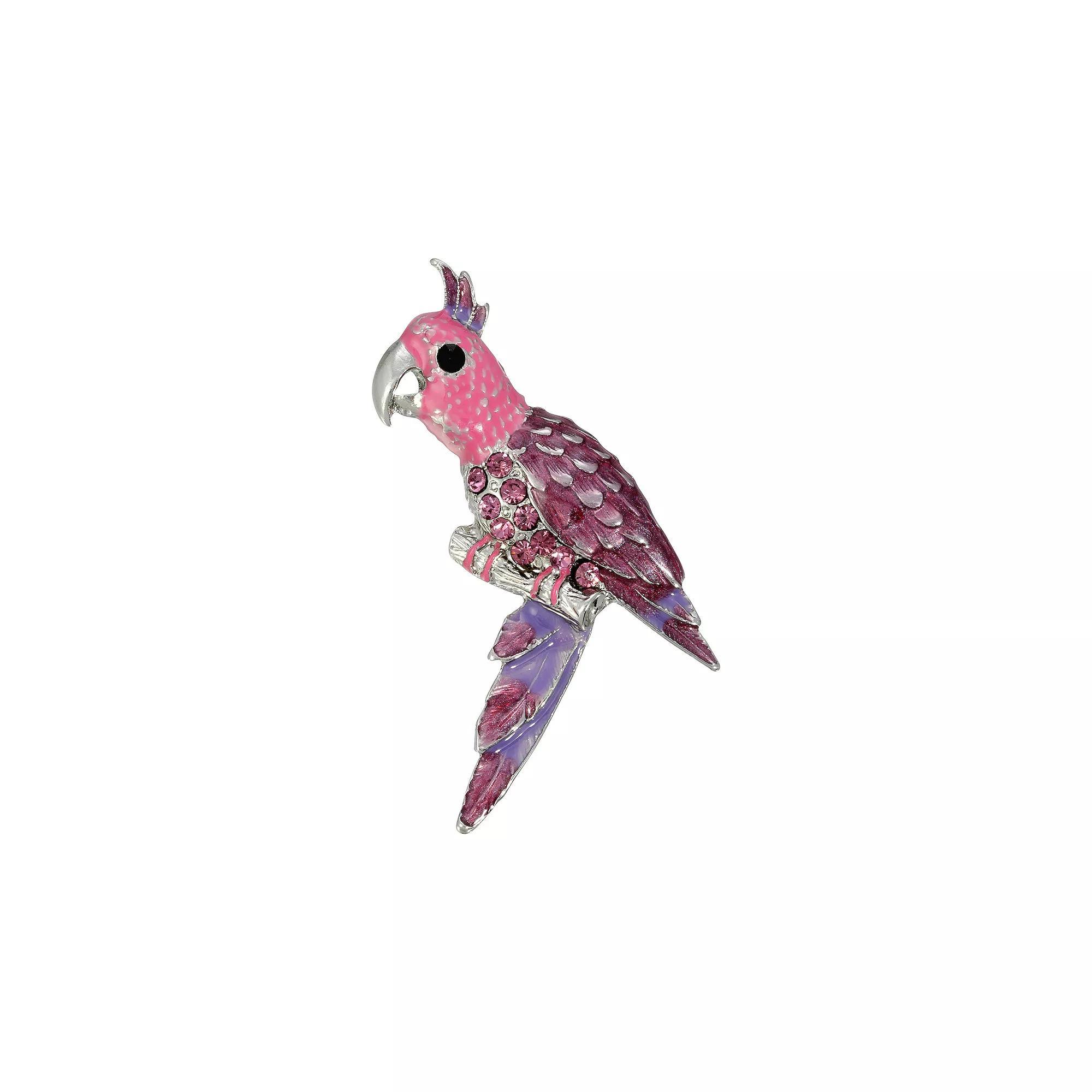 1928 Silver Tone Purple & Pink Enameled Crystal Parrot Bird Pin, Womens Product Image