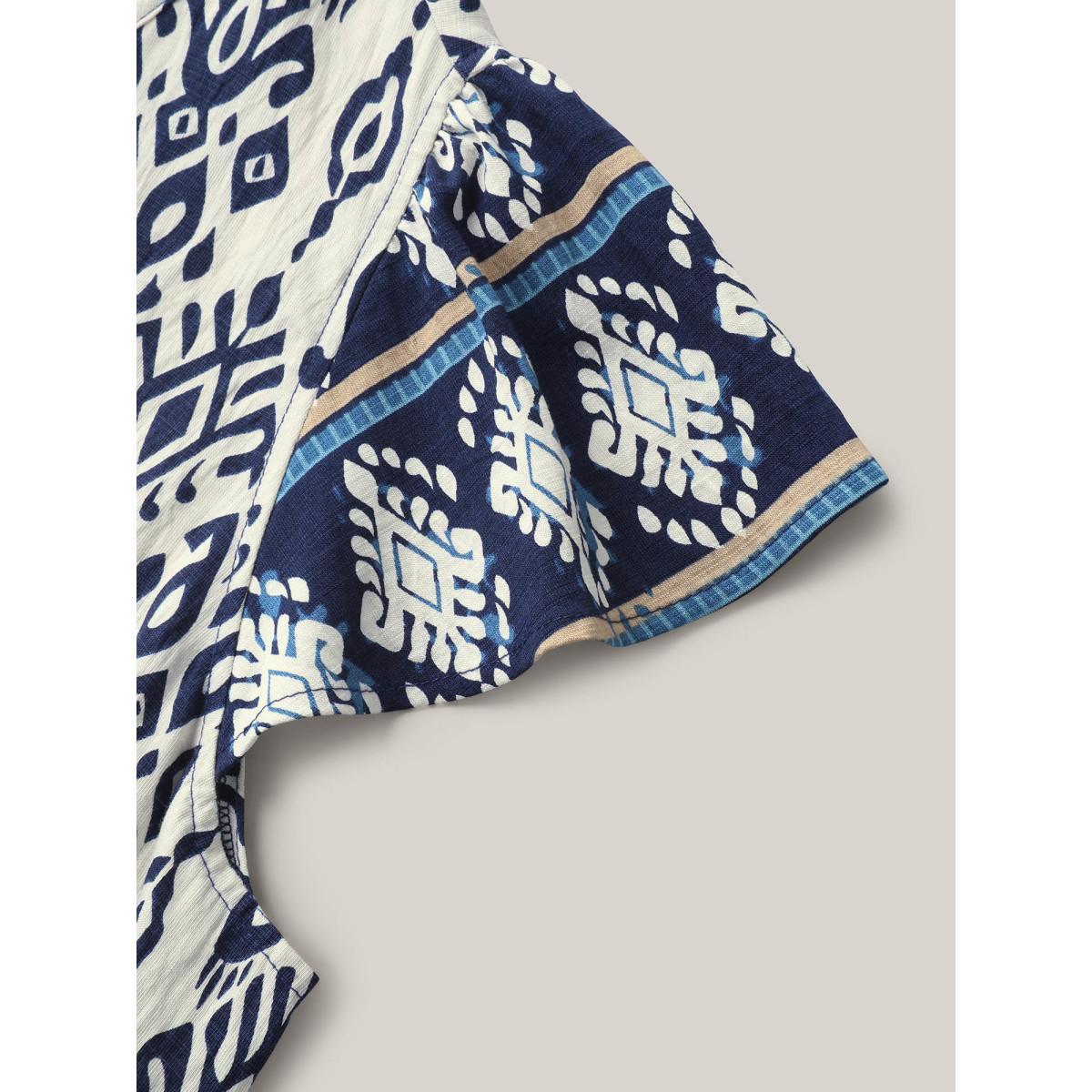 Plus Size Indigo Boho Print High-Low Hem Shirt Women Resort Cap Sleeve V-neck Vacation Blouses BloomChic 22-24/3X Product Image