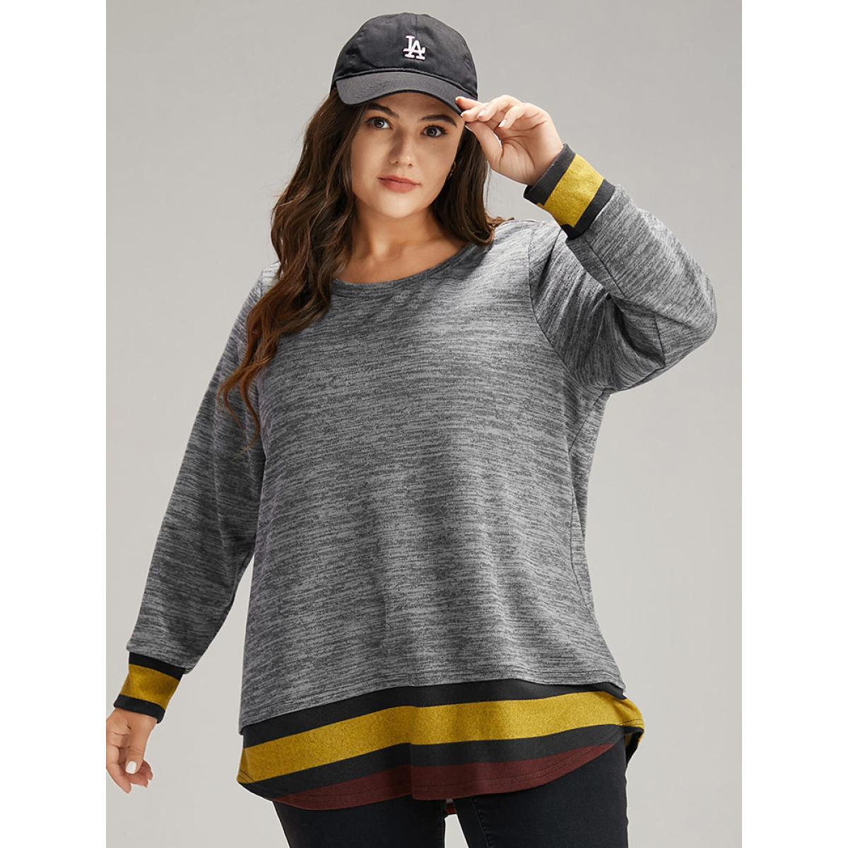 Plus Size Striped Heather Patchwork Curved Hem Sweatshirt Women Gray Casual Contrast Round Neck Dailywear Sweatshirts BloomChic 22-24/3X Product Image