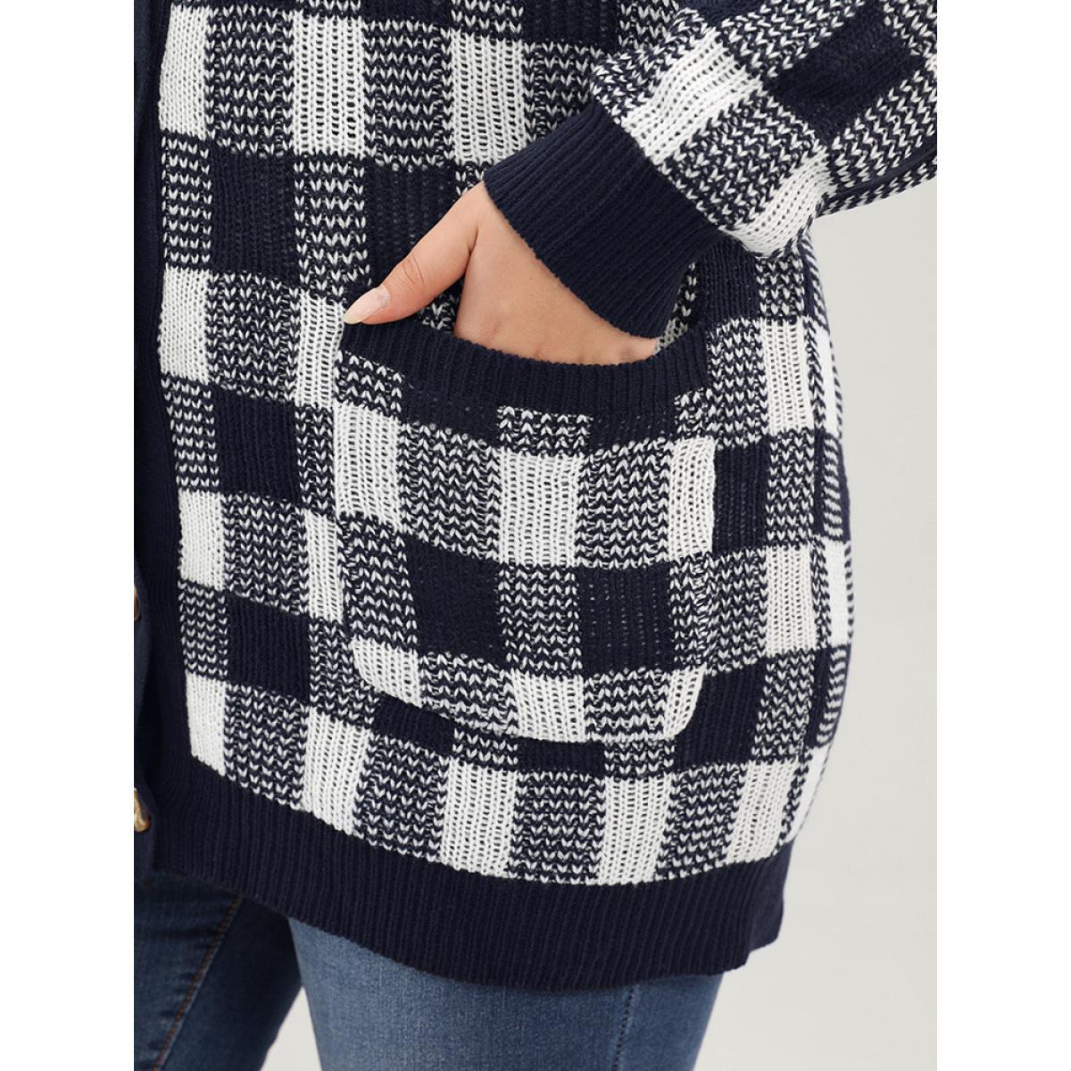 Plus Size Plaid Pointelle Knit Pocket Button Front Cardigan Midnight Women Elegant Loose Long Sleeve Dailywear Cardigans BloomChic 10/M Product Image