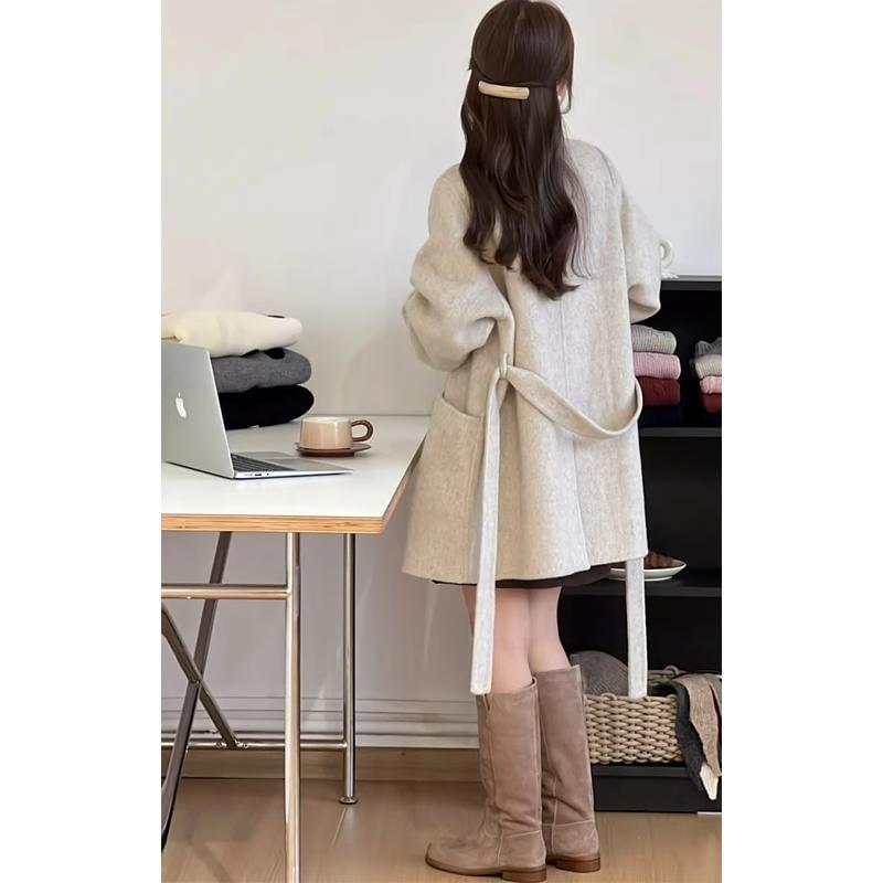 Stand Collar Plain Double-Breasted Coat Product Image