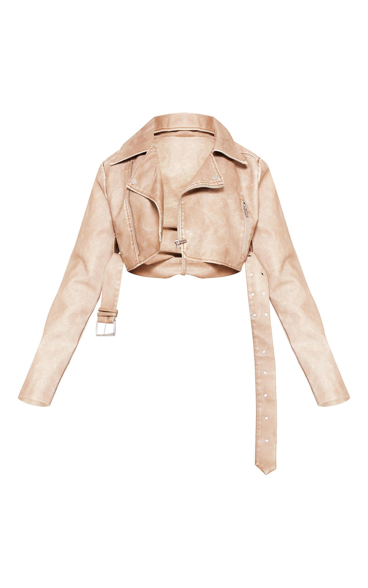Petite Stone Faux Leather Super Cropped Belted Biker Jacket Product Image