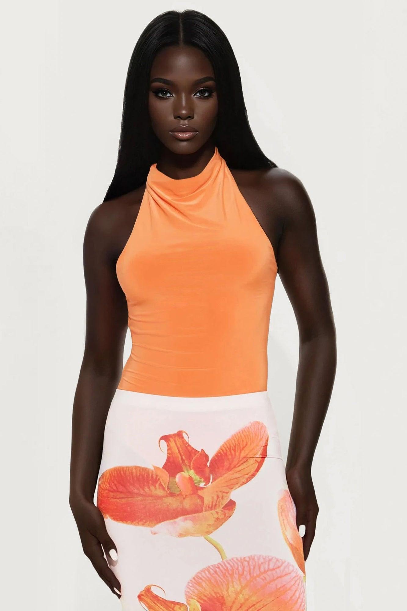 Trista Mock Neck Halter Bodysuit - Orange Product Image