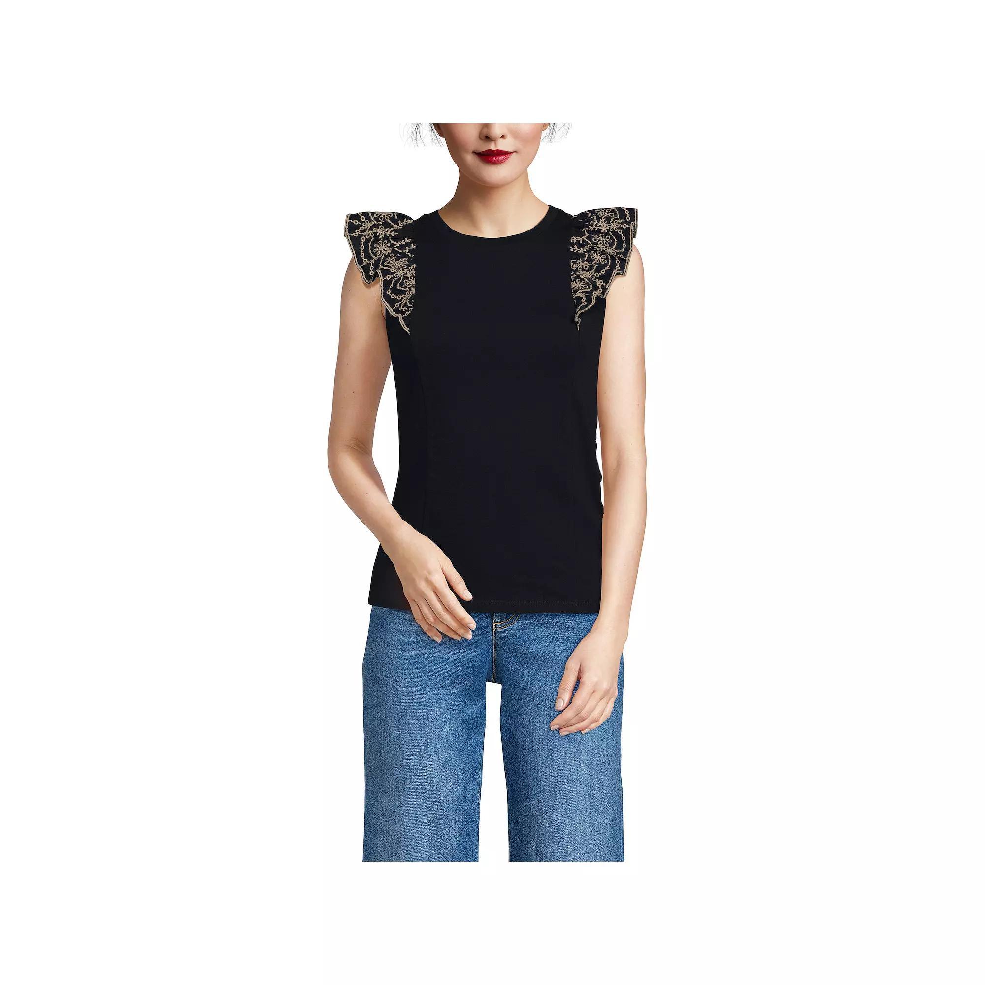 Women's Lands' End Embroidered Ruffle Tank Top, Size: XL, Black Product Image