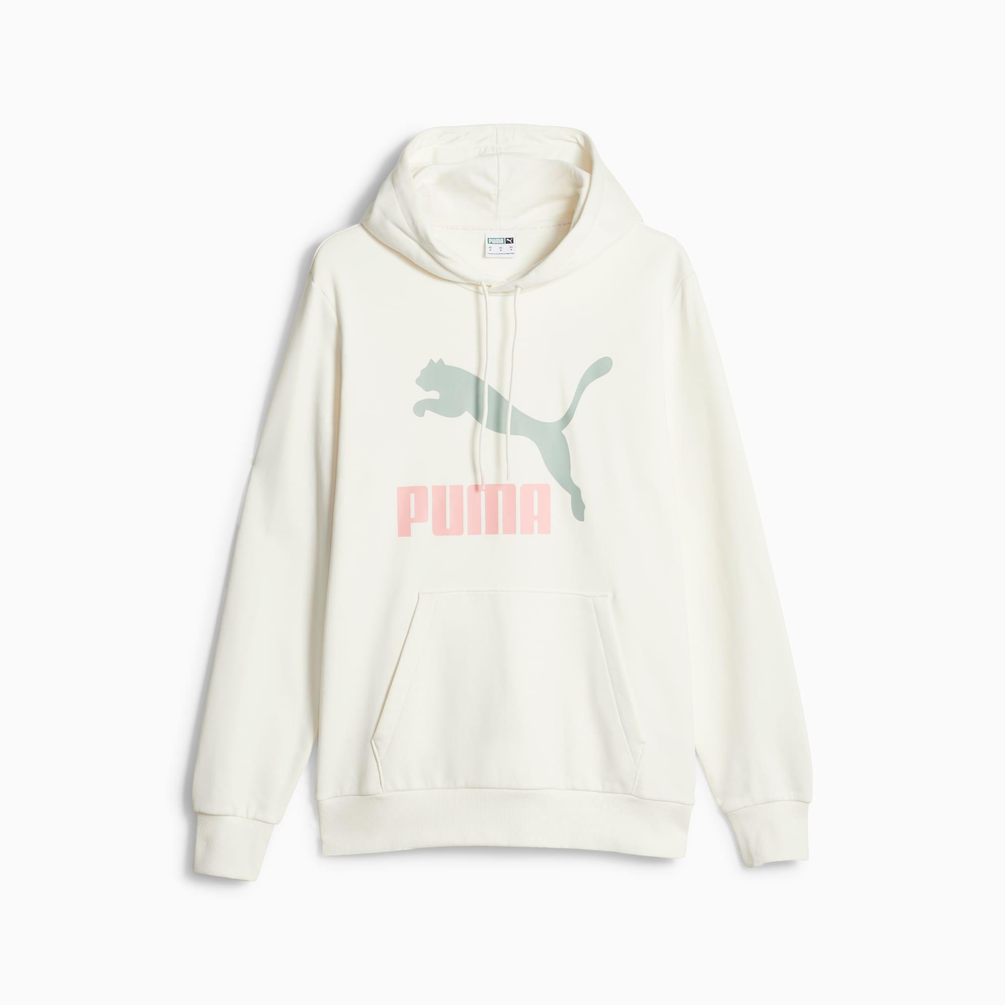 PUMA Classics Logo Hoodie Men in Warm White/Green Fog Product Image