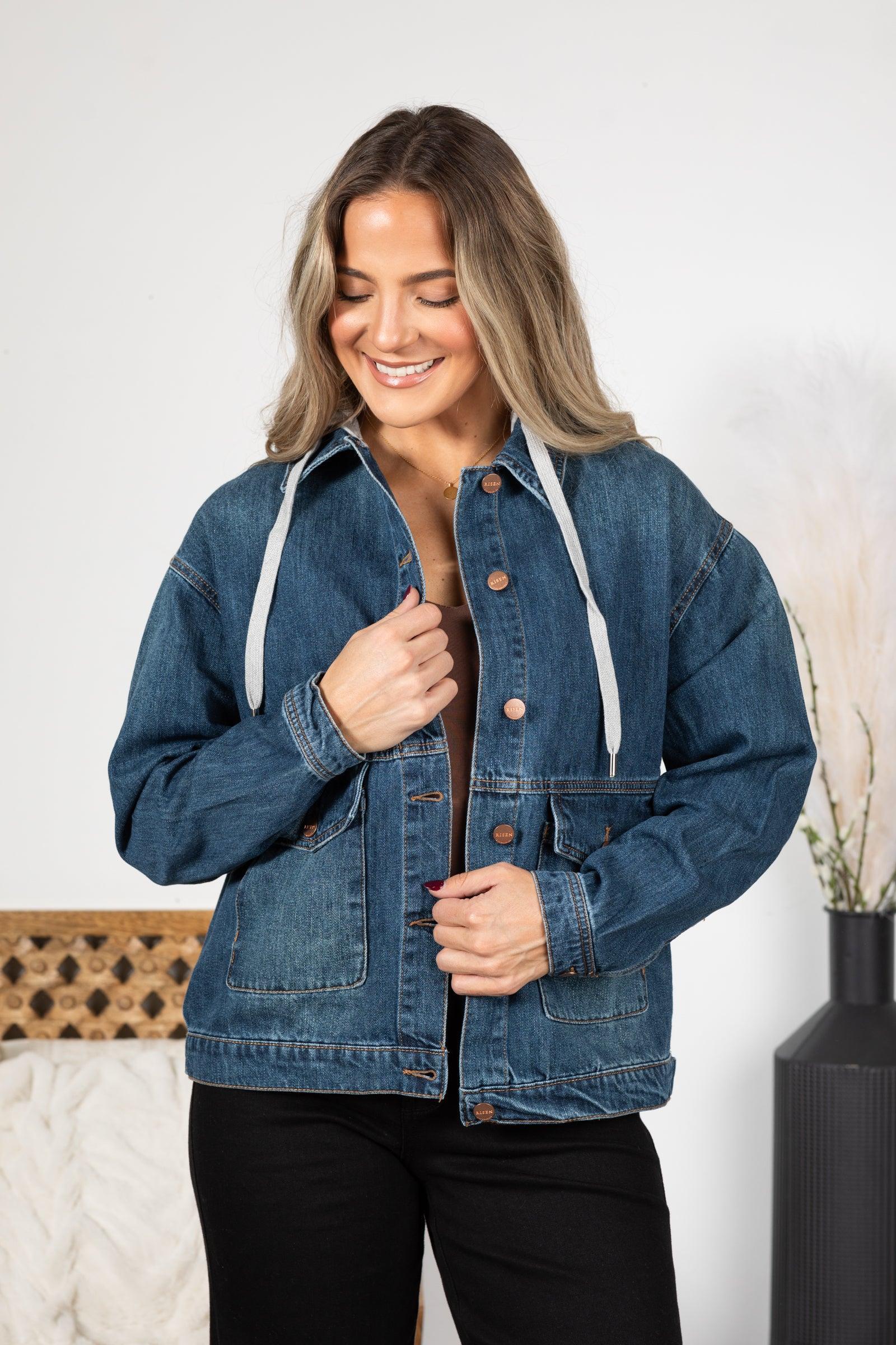 Risen Dark Wash Oversized Hoodie Denim Jacket Product Image