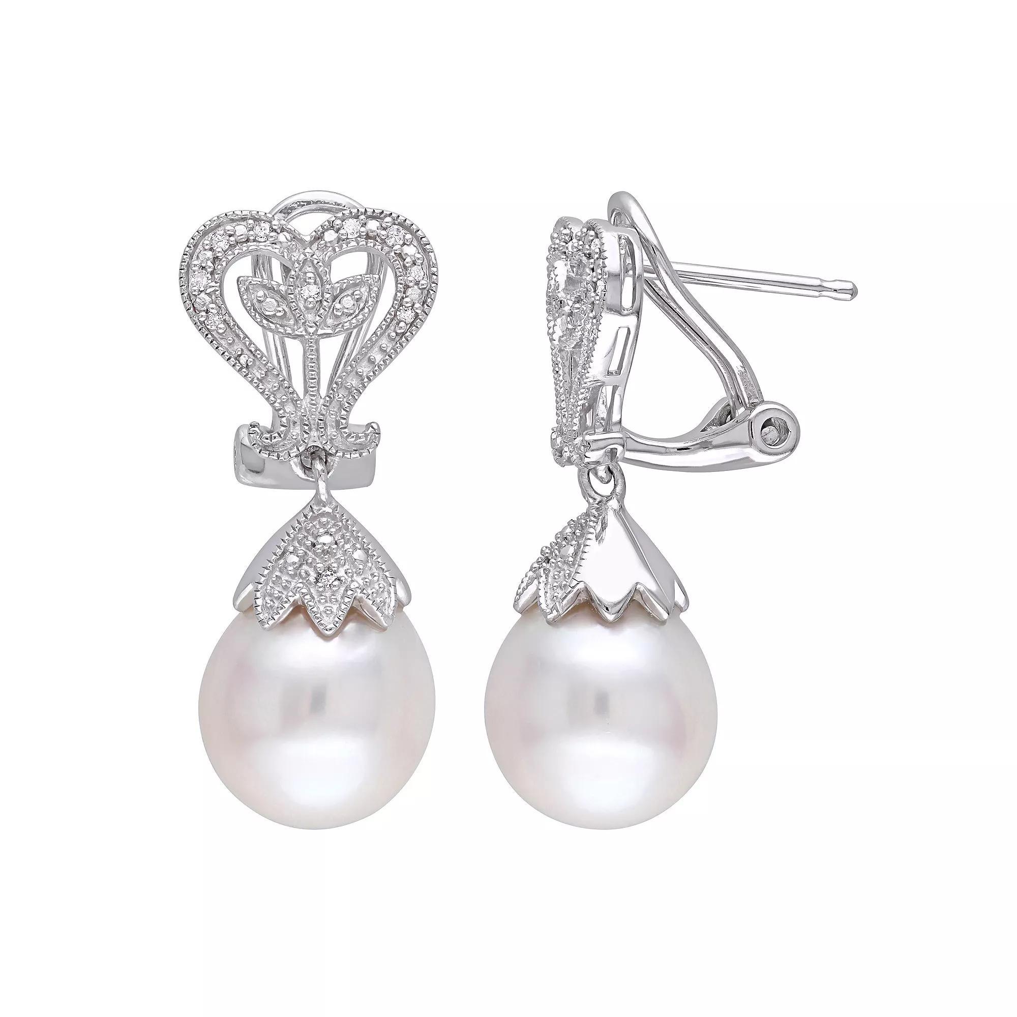Stella Grace Sterling Silver Diamond Accent & Freshwater Cultured Pearl Heart Leaf Earrings, Women's Product Image