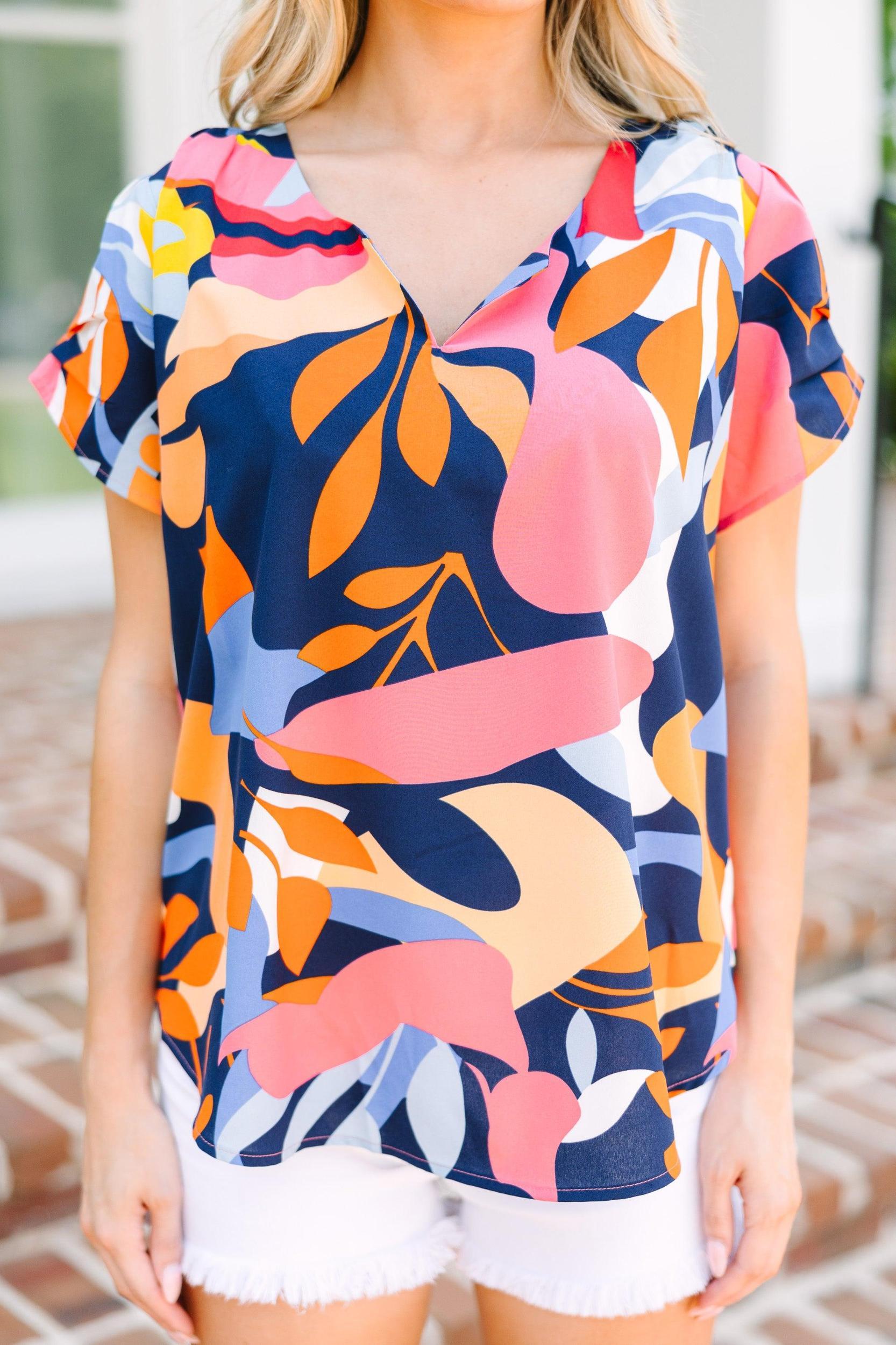 Just Saying Navy Blue Abstract Blouse Female Product Image