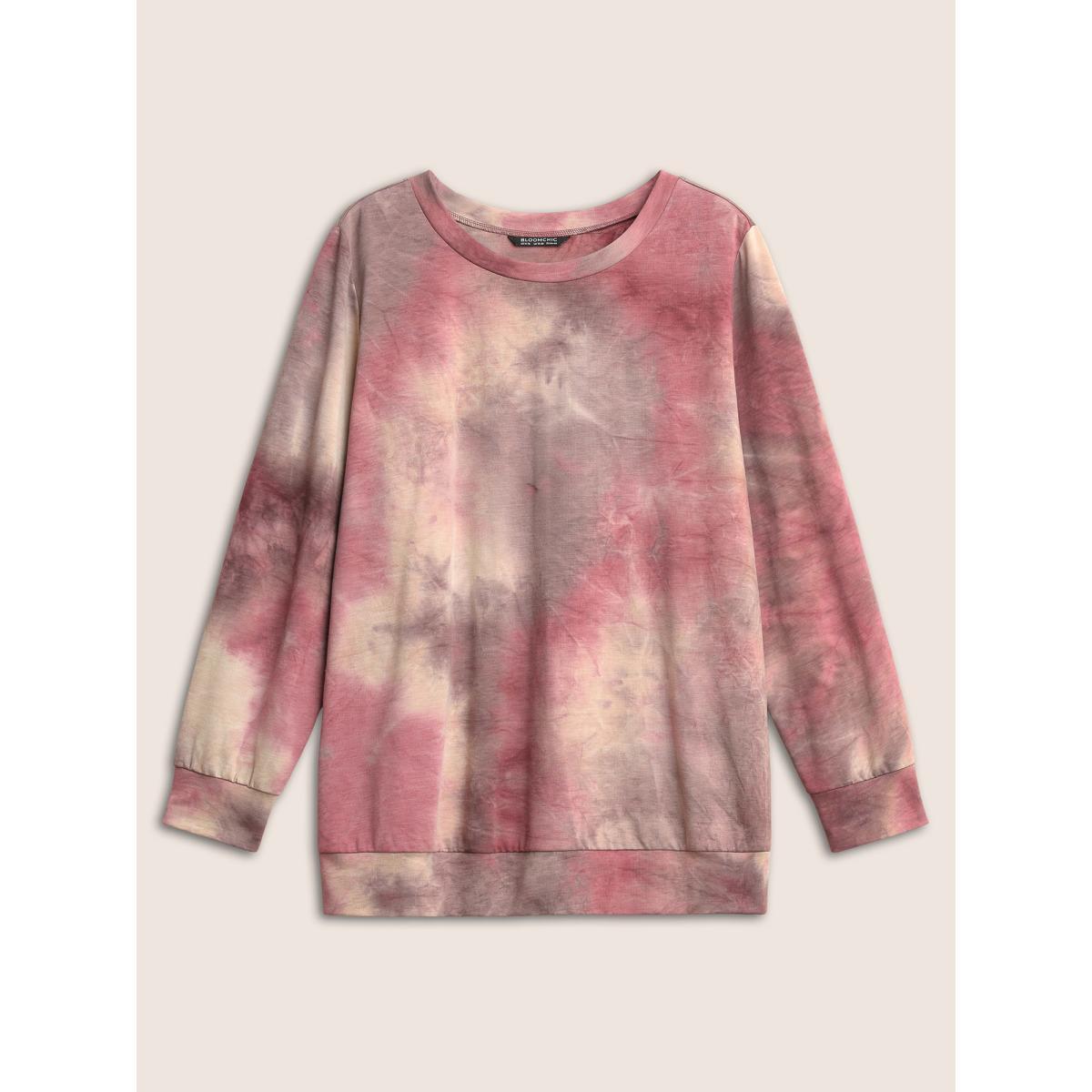 Plus Size Tie Dye Round Neck Sweatshirt Women Burgundy Casual Non Round Neck Everyday Sweatshirts BloomChic 18-20/2X Product Image