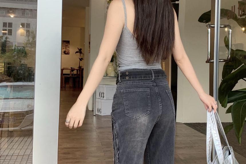 High Waist Washed Ripped Flared Jeans Product Image