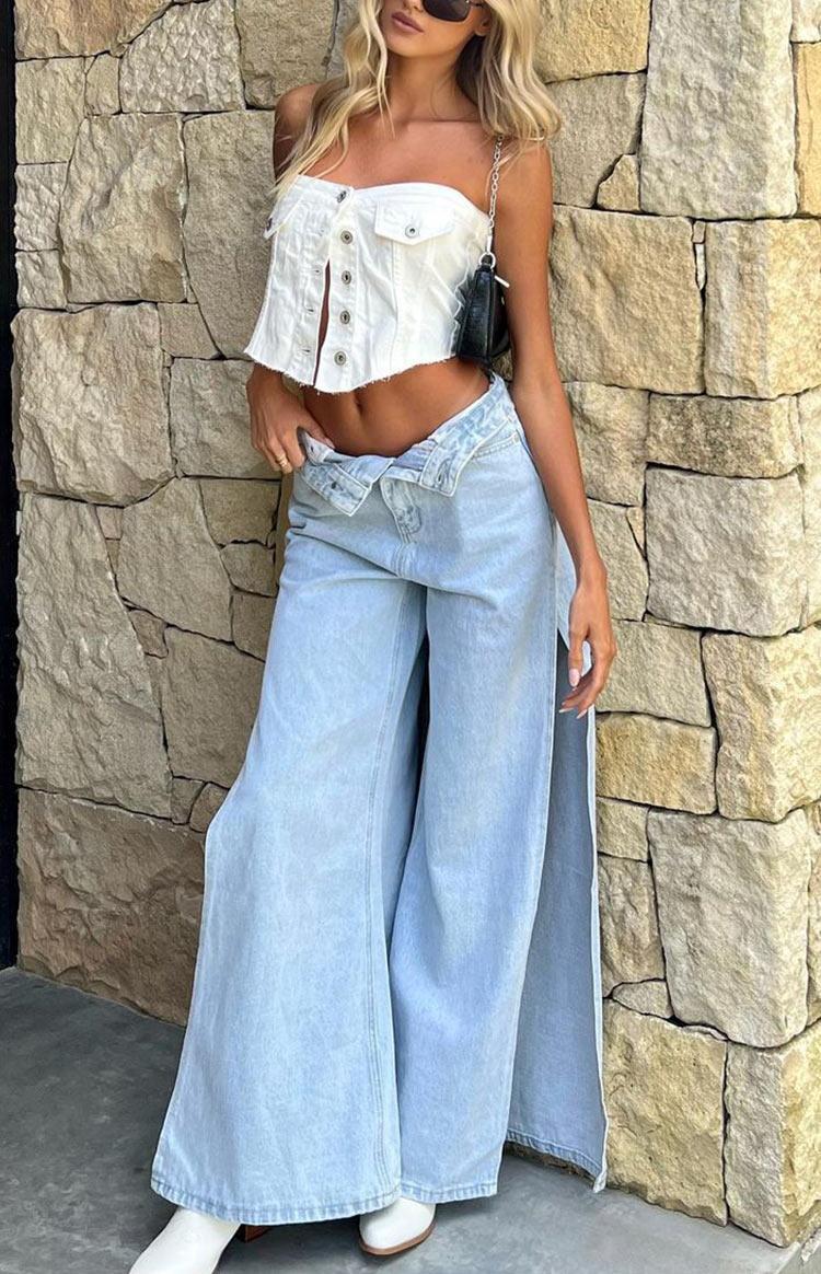 Marelle Light Denim Wide Leg Side Split Jeans Product Image