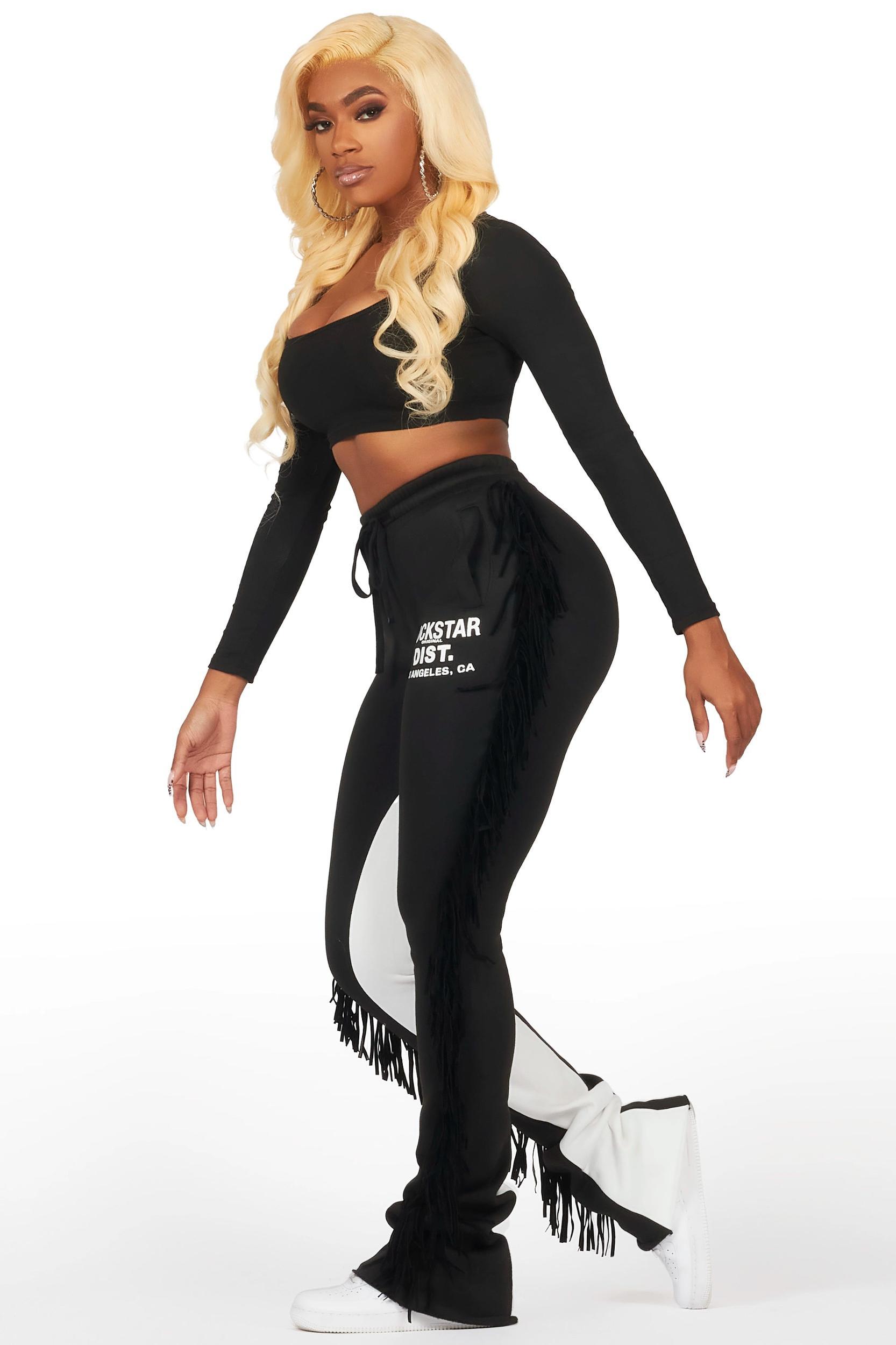 Kendra Black Fringe Stacked Flare Track Pant Female Product Image