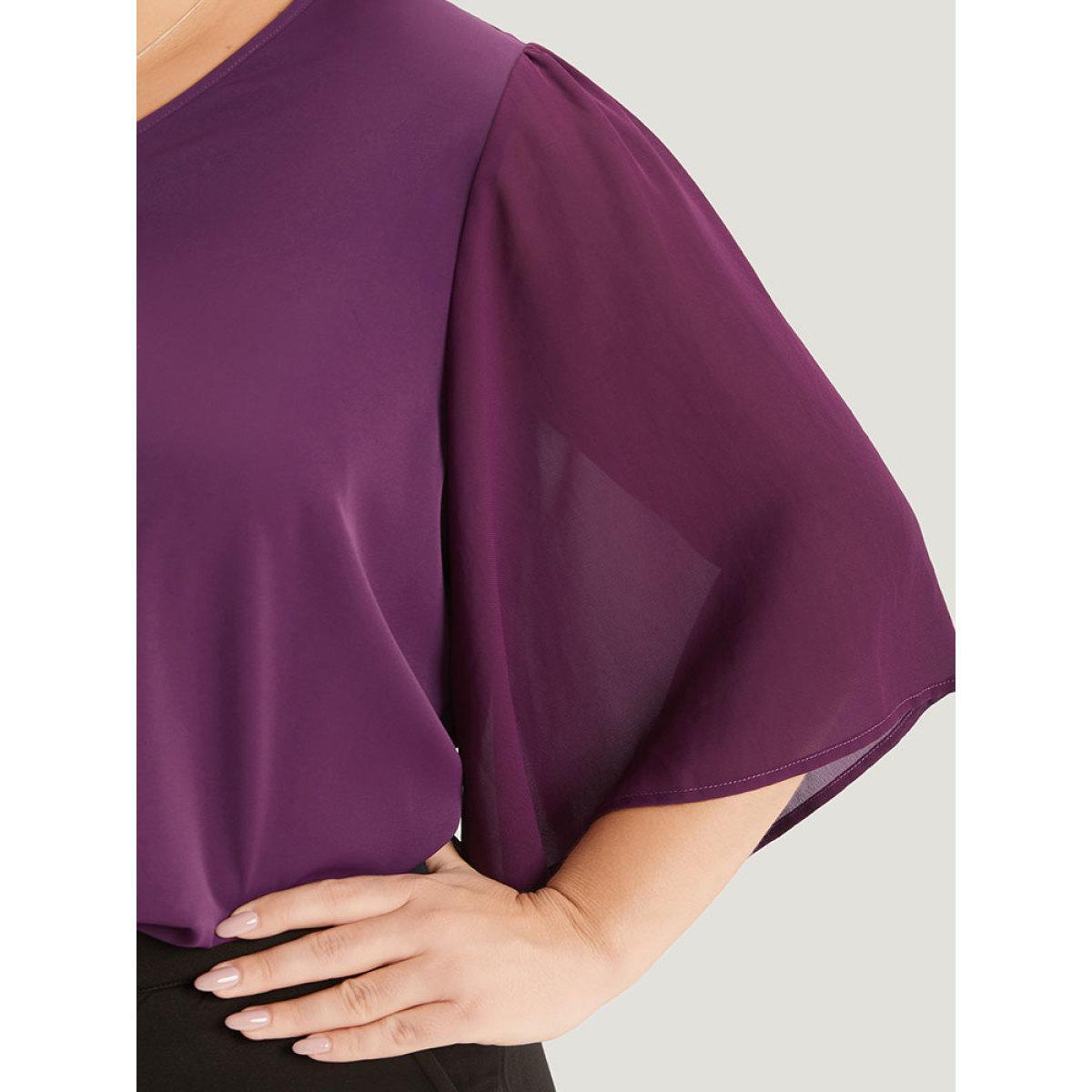Plus Size Purple Anti-Wrinkle Plain V Neck Mesh Patchwork Flutter Sleeve Blouse Women Office Half Sleeve V-neck Work Blouses BloomChic 26/4X Product Image