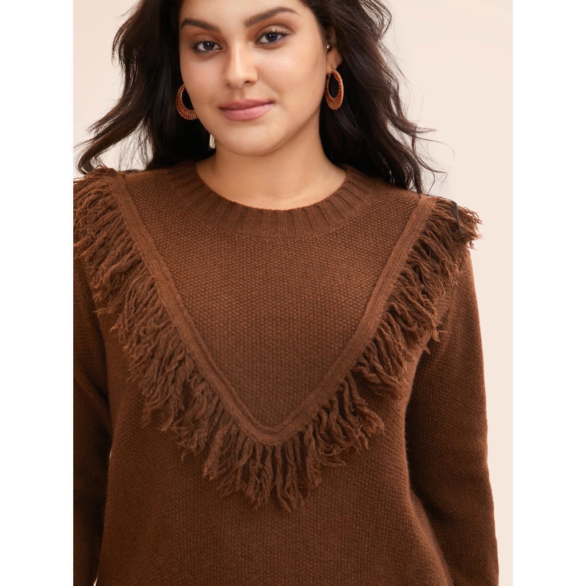 Plus Size Tassel-Front High Neck Pullover DarkBrown Women Casual Long Sleeve Round Neck Everyday Pullovers BloomChic 30/6X Product Image