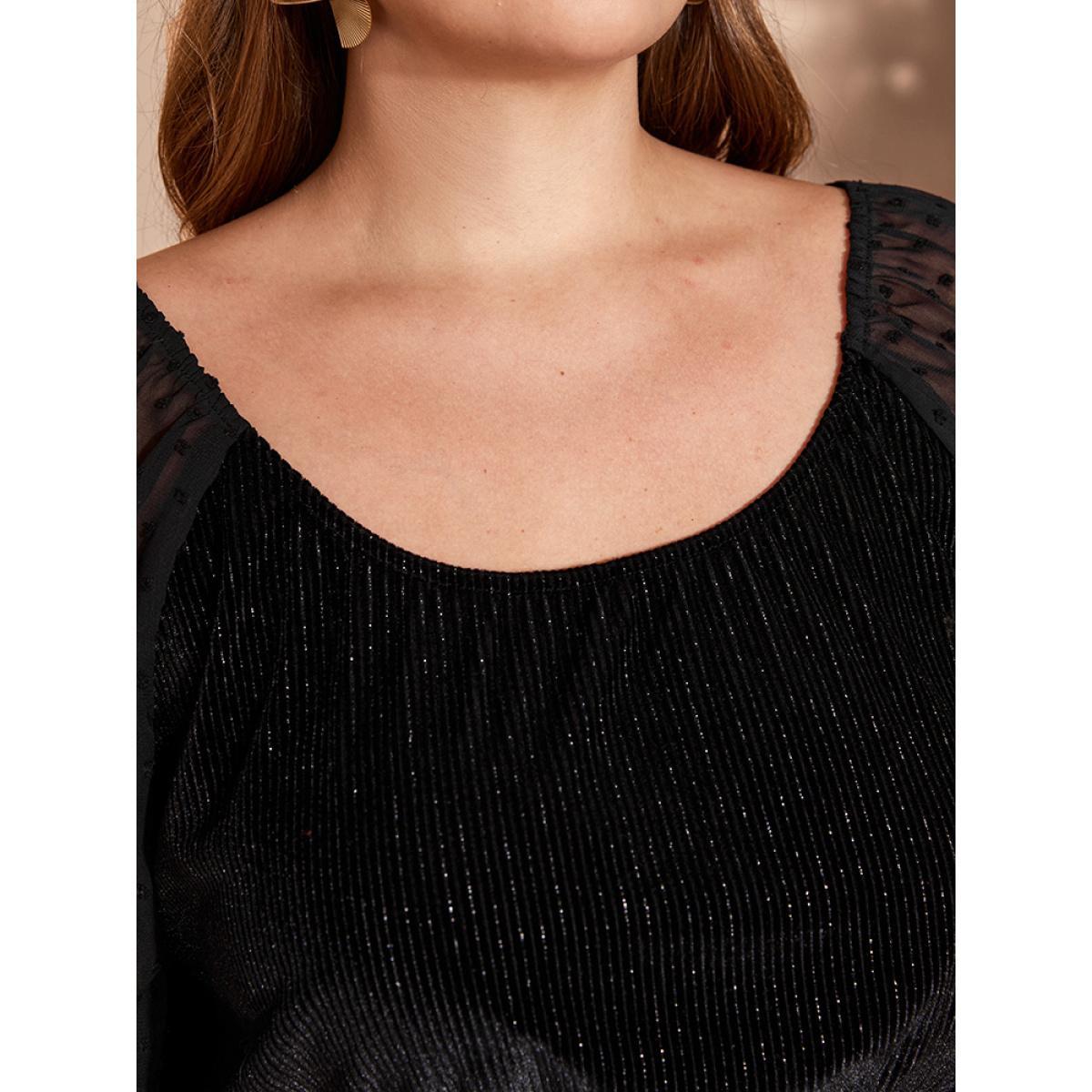 Plus Size Black Polka Dot Mesh Patchwork Textured Ruffle Hem Glitter Blouse Women Party Long Sleeve Scoop Neck Going out Blouses BloomChic 18-20/2X Product Image