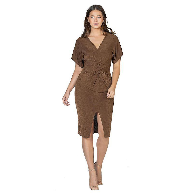 Women's 24Seven Comfort Apparel Short Sleeve V Neck Twist Front Split Hem Dress, Size: Small, Hunter Product Image