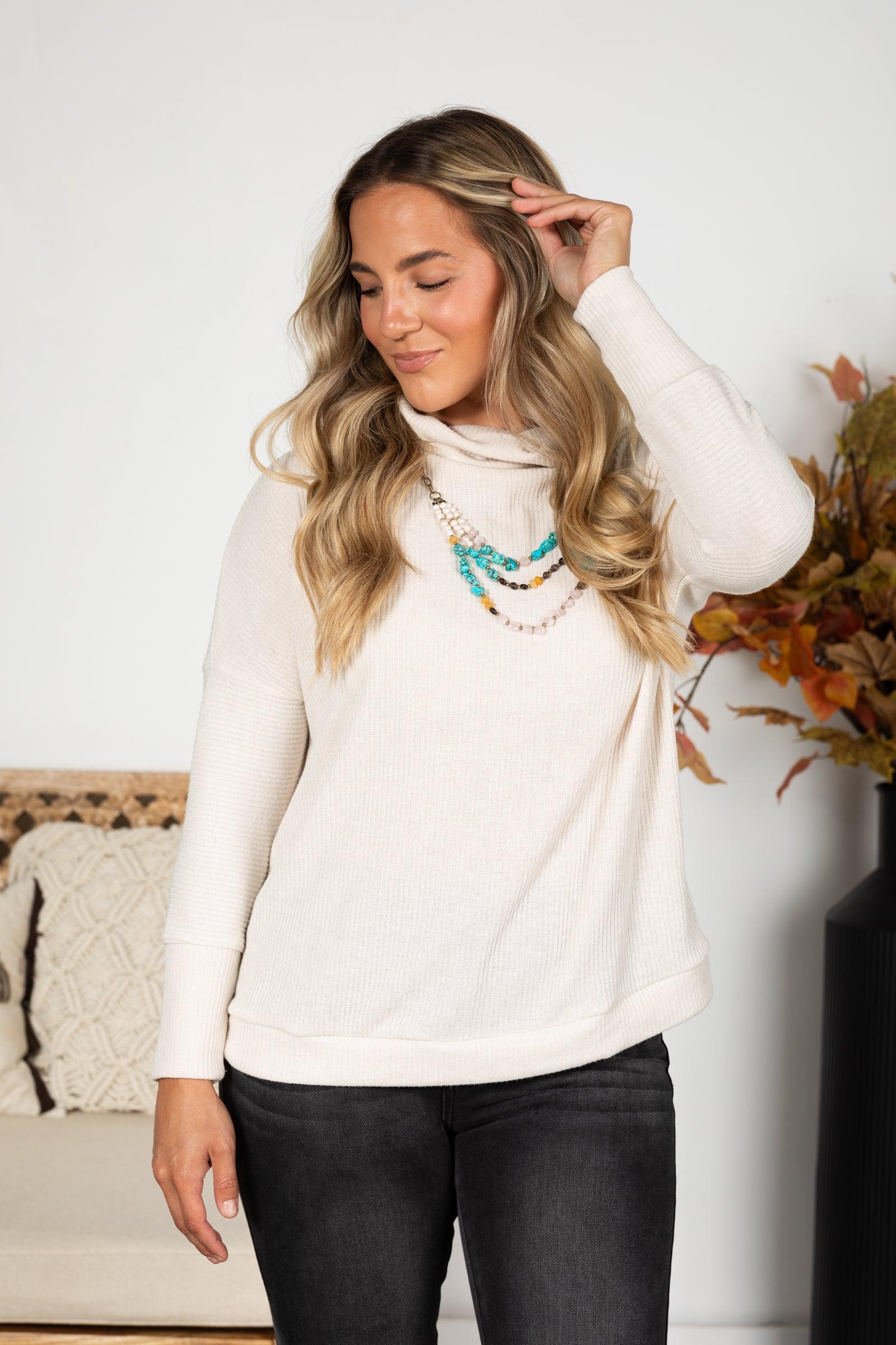 Cowl Neck Ribbed Long Sleeve Knit Top Product Image