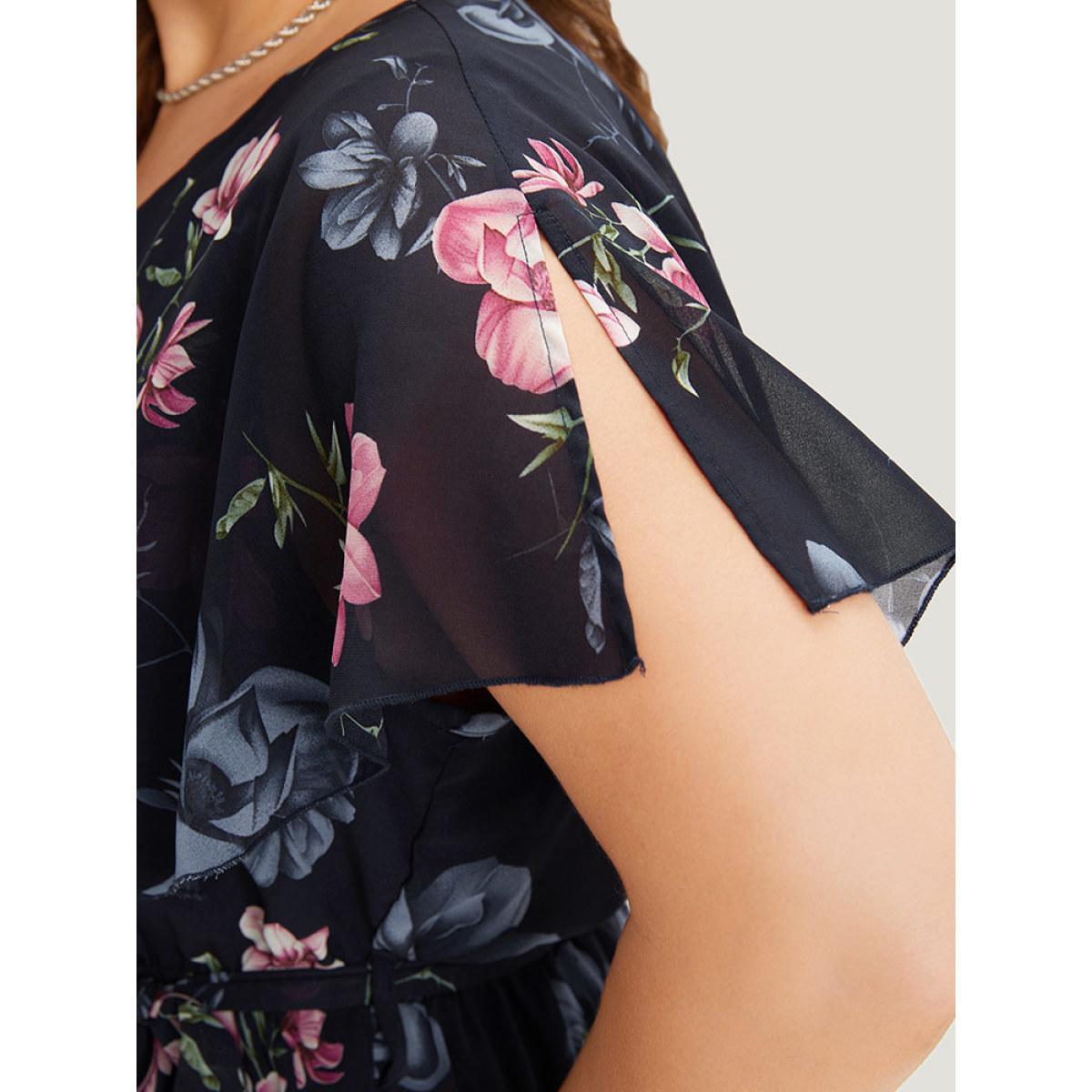 Plus Size Multicolor Floral Split Batwing Sleeve Wrap Mesh Belted Blouse Women Glamour Cap Sleeve Deep V-neck Going out Blouses BloomChic 10/M Product Image