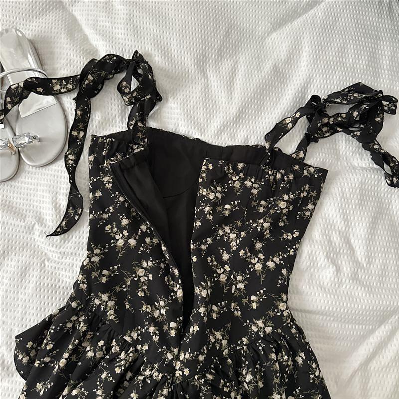 Tie Shoulder Floral Print Ruffle Mini A-Line Dress Product Image