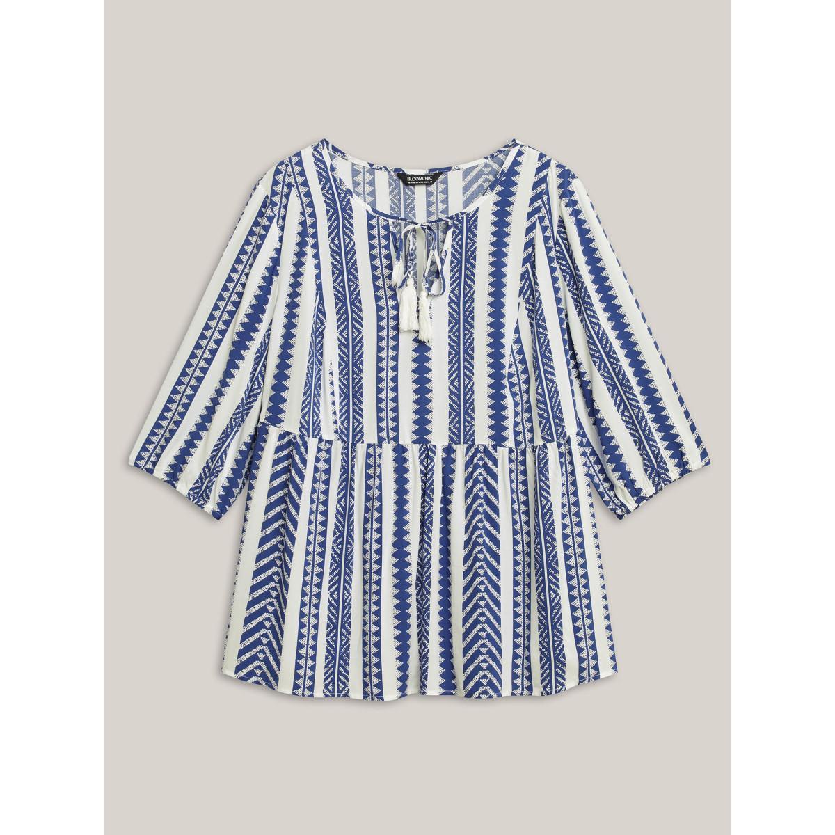 Plus Size DarkBlue Nautical Stripes Rayon Tassels Blouse Women Elbow-length sleeve Notched collar Vacation Blouses BloomChic 28/5X Product Image