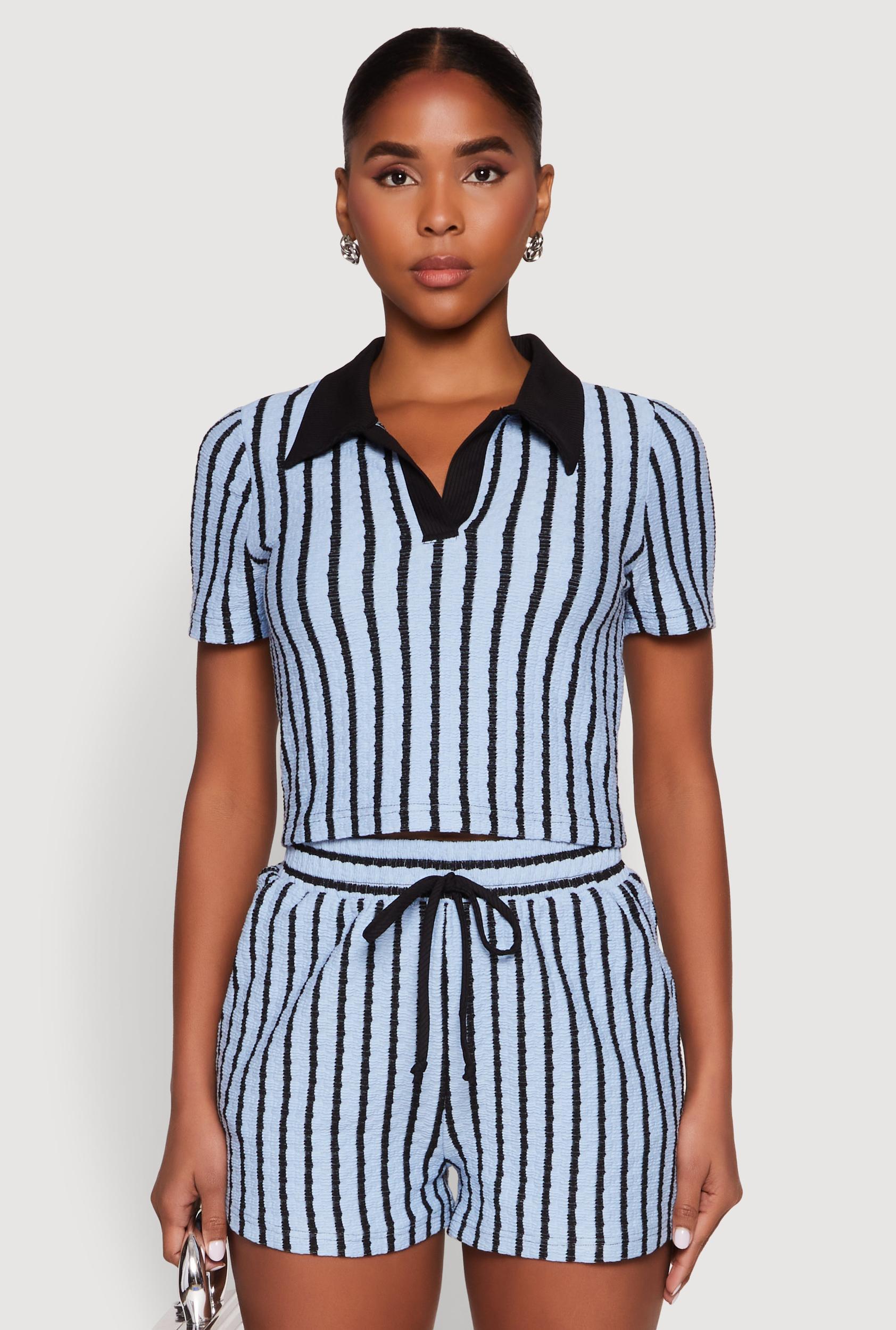 Womens Striped Collared Crop Top Product Image