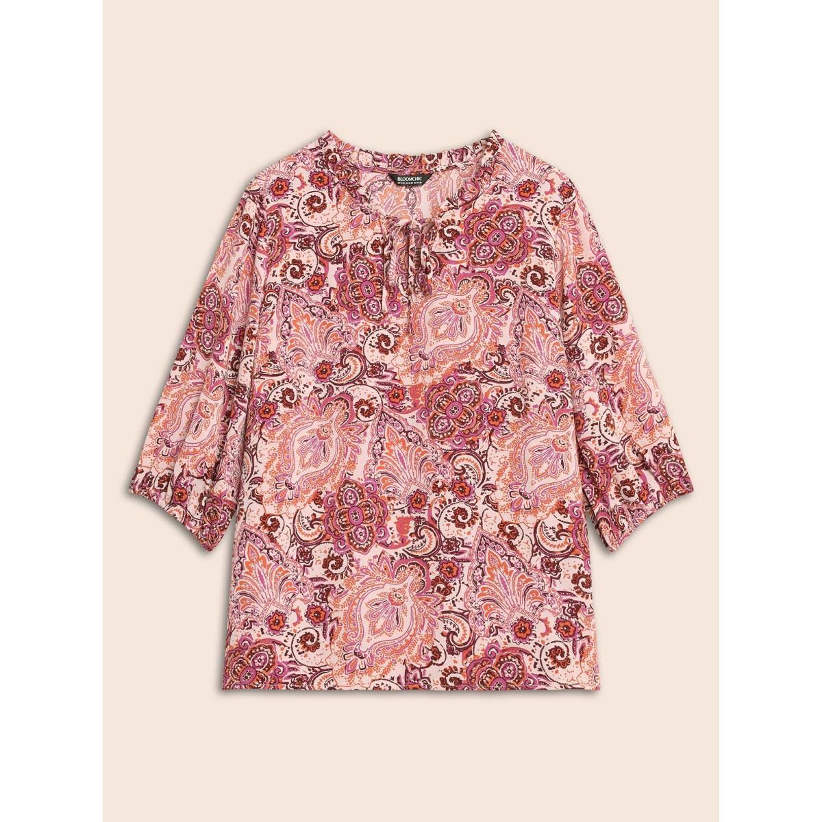Plus Size Blush Bandana Frill Trim Tie Knot Blouse Women Elegant Elbow-length sleeve Notched collar Everyday Blouses BloomChic 22-24/3X Product Image